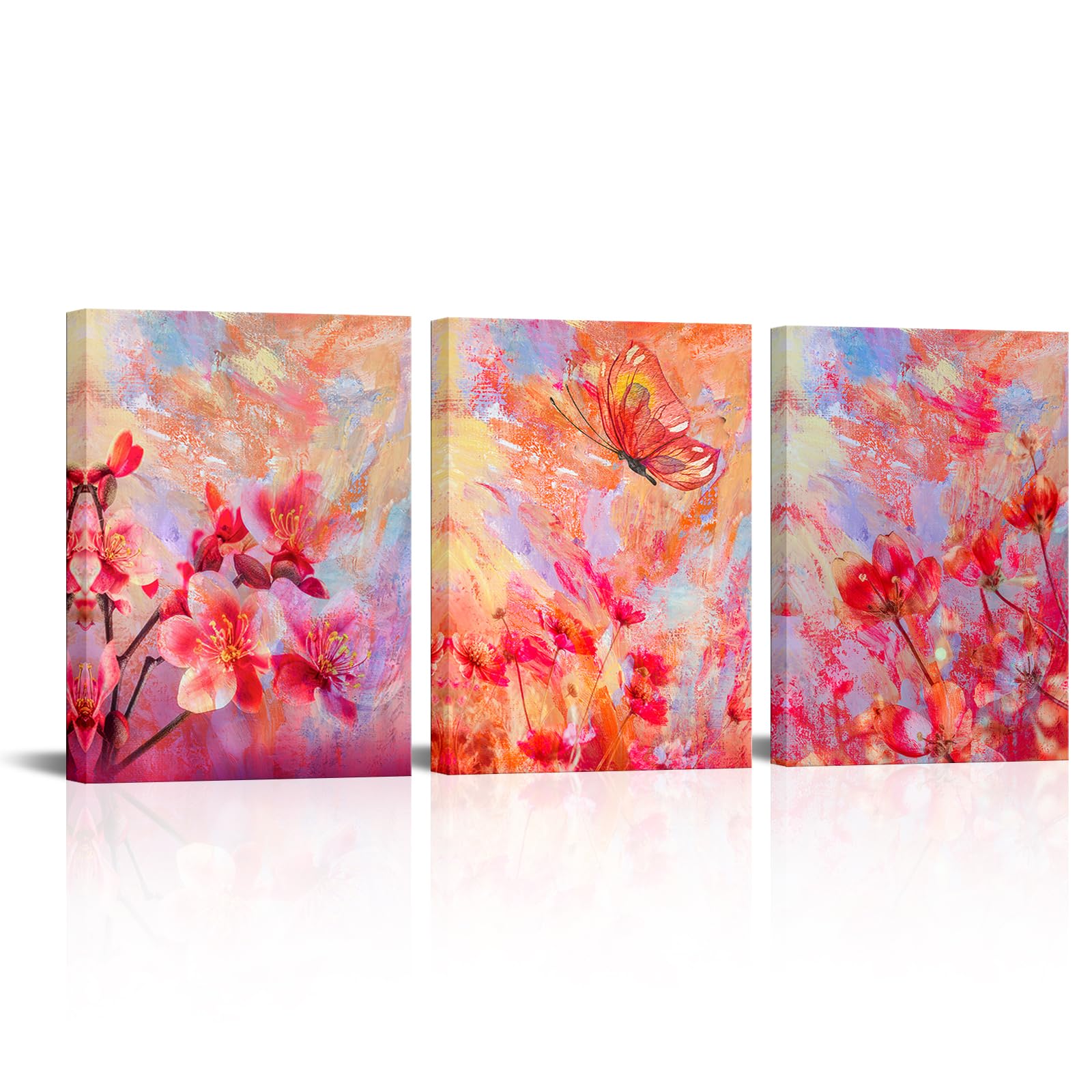 Fochorlo 3 Pieces Flowers Canvas Wall Art Buttfly Pictures Prints Warm Red Paintings Home Decor For Bedroom Living Room Office Ready To Hang (Small)