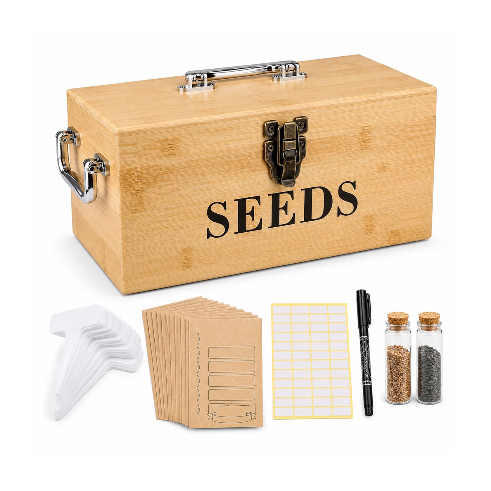 Caja de almacenamiento de semillas con candado – Organizador de semillas de madera con 4 compartimentos y accesorios – Incluye 12 tubos, 30 sobres, 20 etiquetas y 1 bolígrafo – Idea de regalo