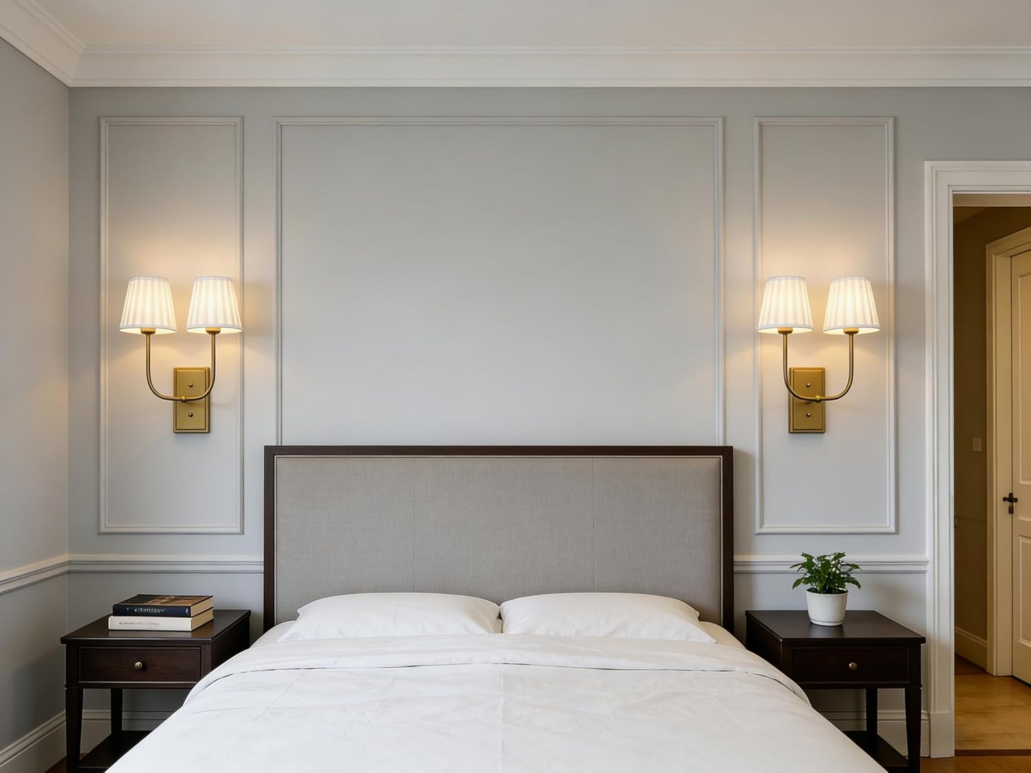 Vintage 2-Lights Wall Sconces with Funnel White Pleated Fabric Shades, Double Head Bathroom Vanity Lights Fixture, Indoor Wall Lamps for Bedroom Living Room Dining Room Hallway