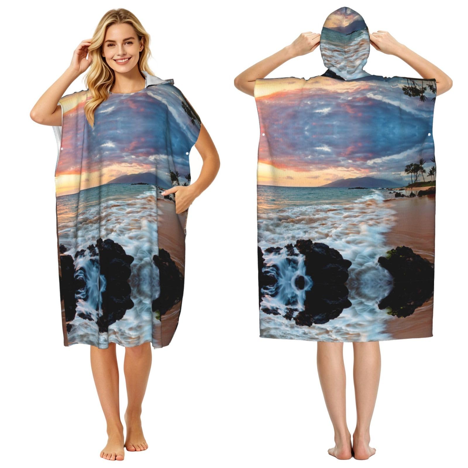 EZDLOWVBA Beach Maui Hawaii Sunset Clouds Print Hooded Poncho Microfiber Beach Towel,Adult Women & Men Changing Robe,Lightweight Summer Surf Swim Bath Poncho Towel