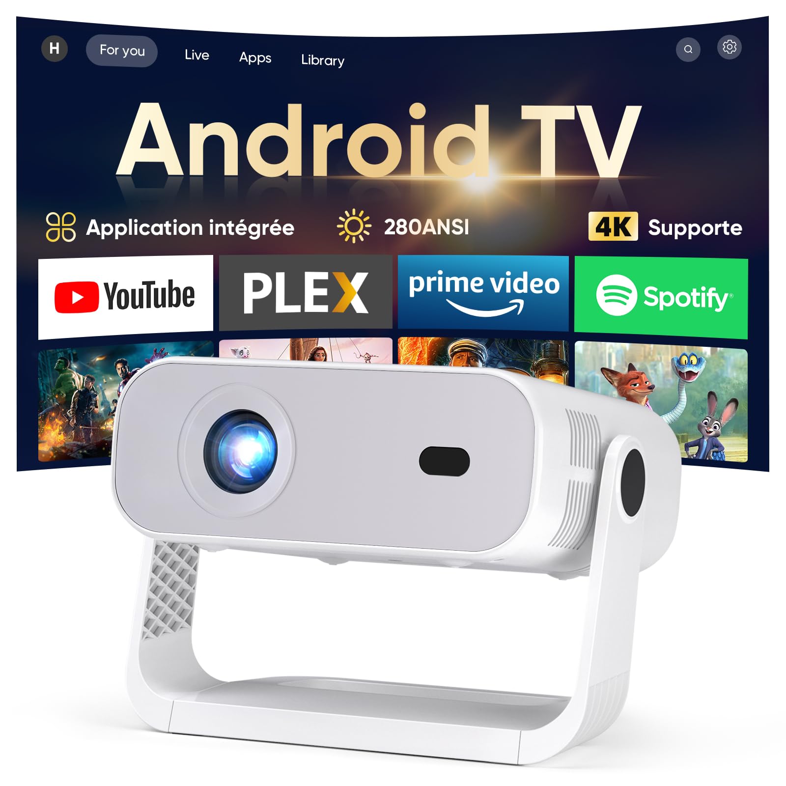 Videoprojecteur Intelligent Applications Intégrées, Rétroprojecteur 1080P Supporte 4K, WiFi 6 Bluetooth 5.2, 280 ANSI, Correction Trapézoïdale Automatique Focus Électronique, pour Android iOS HDMI