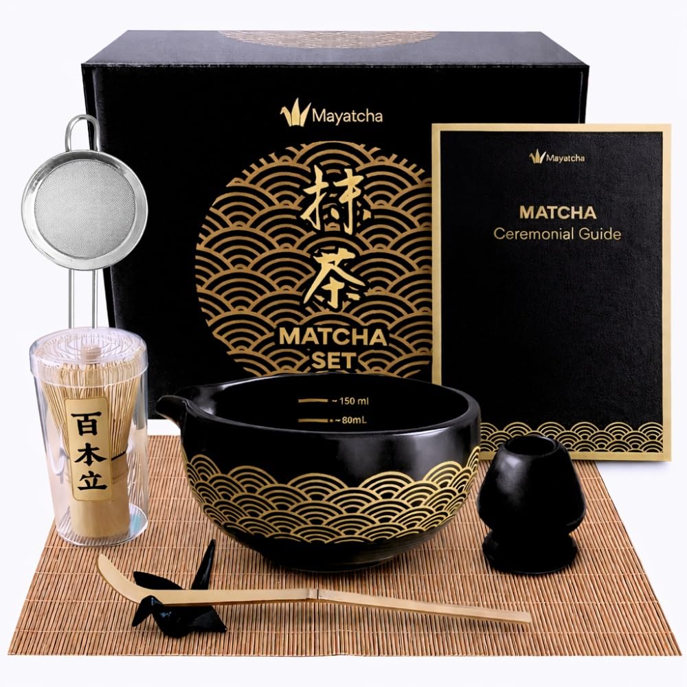 Matcha Set Japanisch, Matcha Besen Set 8-teilig – Premium Bambus Matcha Whisk (Chasen), Matcha Schale Schwarz Gold mit Ausguss & Messmarken, Sieb, Löffel & Glückskranich Halter, Guide für Anfänger