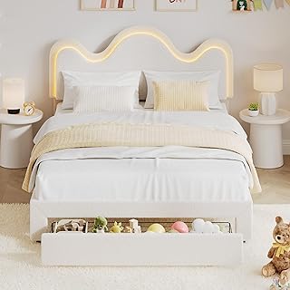 IDEALHOUSE Full Bed Frame with LED Headboard and Under-Bed Drawer, Metal Upholstered Platform Bed with LED Light for Kids, Girls, Lamb Fleece Fabric, Wooden Slats Support, No Box Spring Needed, White