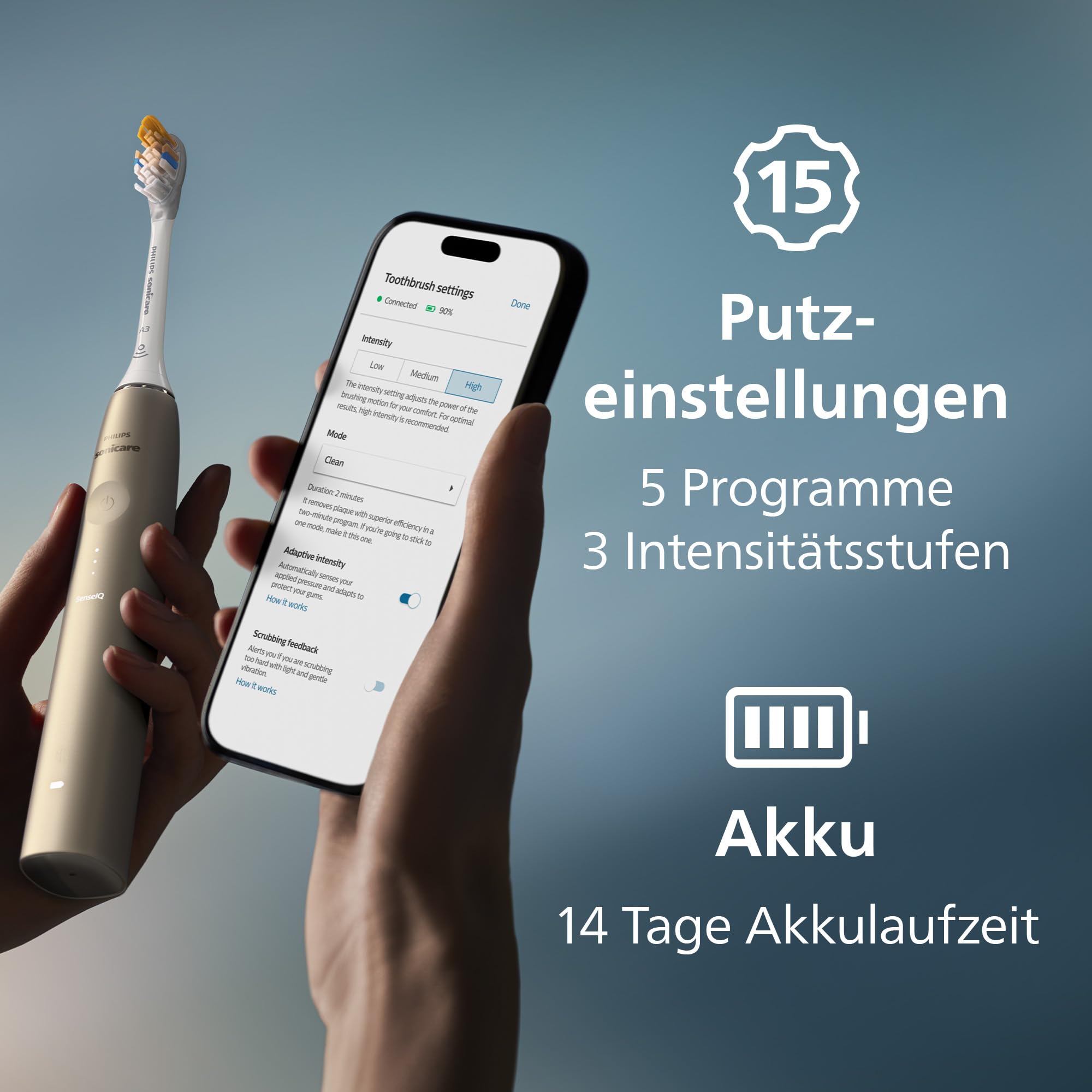 Philips Sonicare DiamondClean Prestige 9900 elektrische Zahnbürste – Schallzahnbürste mit 1x A3 Premium-All-in-One-Bürstenkopf und Ladeetui in Champagner (Modell HX9992/11)