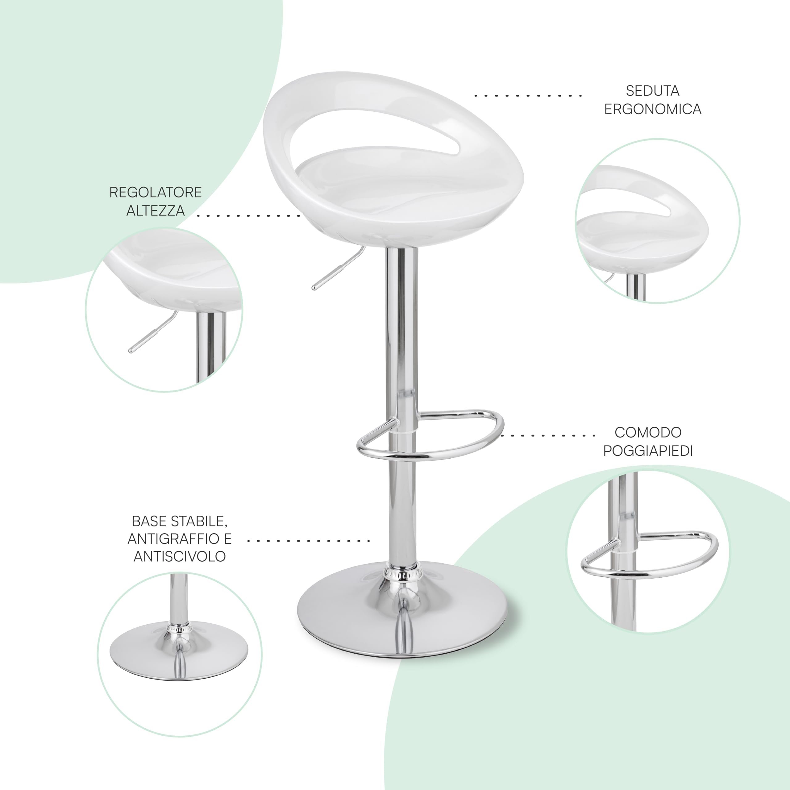 Baroni Home Sgabello Bar Girevole Altezza Regolabile, Seduta in Plastica e Schineale, Base Cromata, Poggiapiedi e Fondo Antigraffio, Sgabello Cucina e Penisola, 37x45x59-79 cm, Bianco, 1 Pezzo