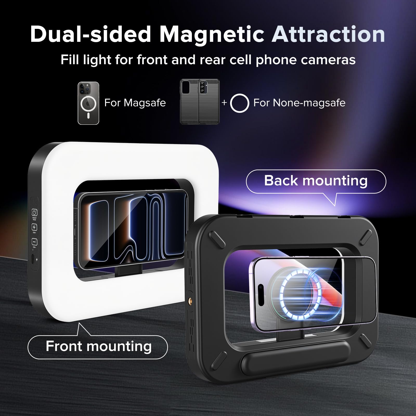 Anello luminoso magnetico RGB per selfie per iPhone e Android (con mini treppiede), magnete a doppio lato, stabilizzatore portatile a LED, batteria integrata per YouTube, TikTok, Vlogging