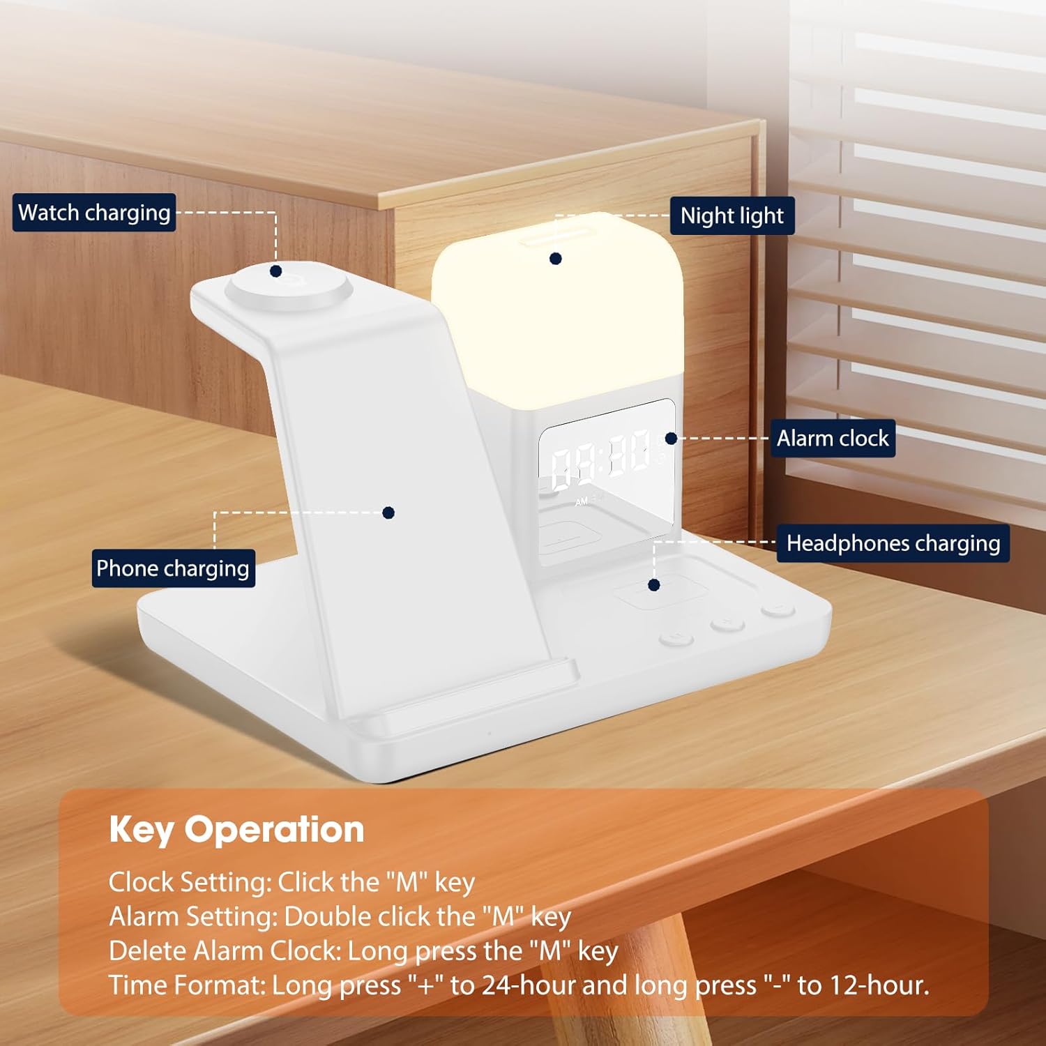 Wireless Charger for Samsung/Android,6 in 1 Alarm Clock Charging Station for Bedrooms with Bedside Clock Night Light for Samsung S25/S24/S23 Ultra/Buds,Watch Charger only for Galaxy Watch 8/7/6-White