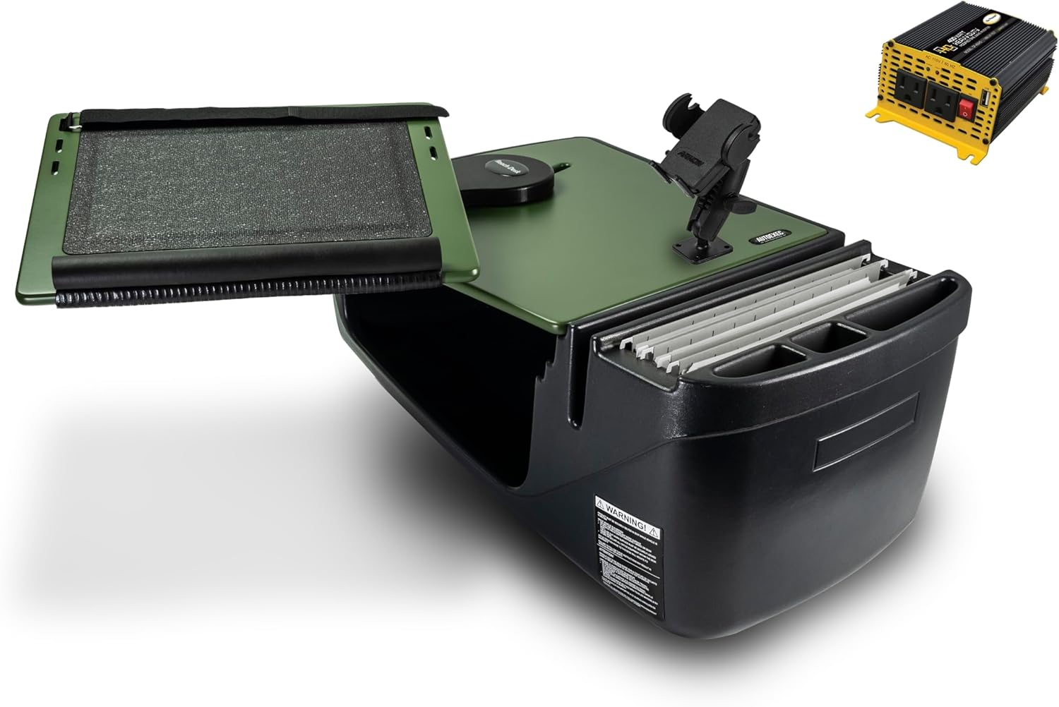 AutoExec Reach Car Desk for Your Vehicle Workstation and Mobile Office, Front Seat Army Green with 400 watt Power Inverter and Phone Mount