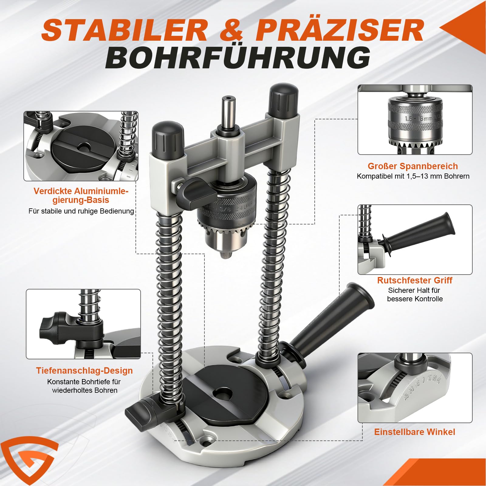 GEARMONSTER Soporte para taladro con portabrocas, soporte de taladro móvil, portabrocas compatible con brocas de 1,5 – 13 mm, guía de perforación portátil para perforación precisa