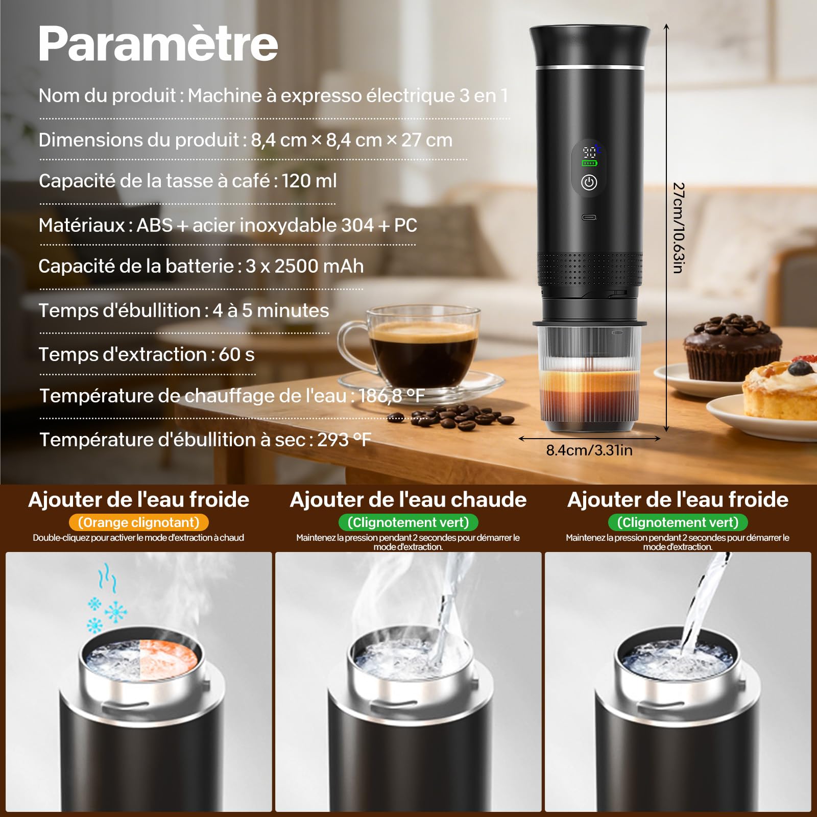 VHV Cafetière Portable 3 en 1,Rechargeable Cafetière Portable de Voyage,12V Expresso Machine a Cafe pour Capsule,Café Moulu,pour Camping,Bureau,Voyage, Maison, Voiture (Noir)