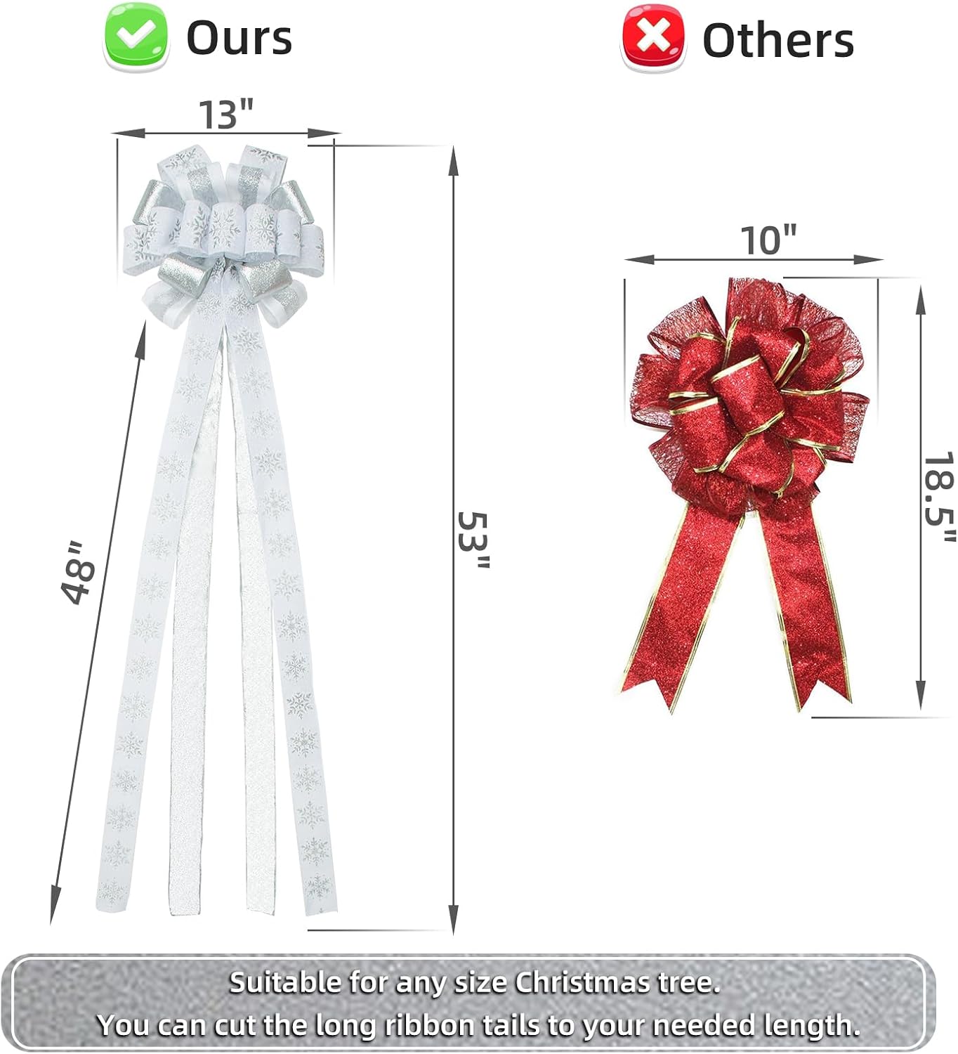 Christmas Tree Topper Bow, 53"x 13" Large Handmade Decorative Bows with Glitter Snowflake Wired Ribbon Long Streamer for Home Christmas Decoration, White/Silver - Image 3