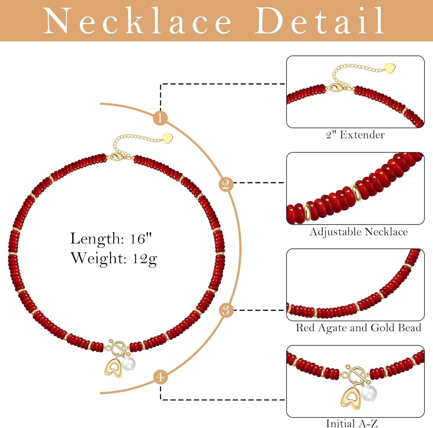 Btysun Initial Necklaces for Women, A Necklace Gold Red Agate Gemstone Necklace Stocking Stuffers for Women Teens Birthday Christmas Gifts for Her Summer Beach Jewelry - Image 6