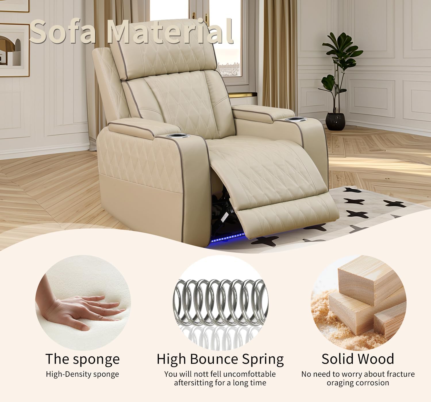 Power Recliner Chair with LED Lights,Leather Reclining Couch with Storage Console/Arm Cup Holder for House/Home Theater/Small Space/Rv(Single Chair,Paddy)