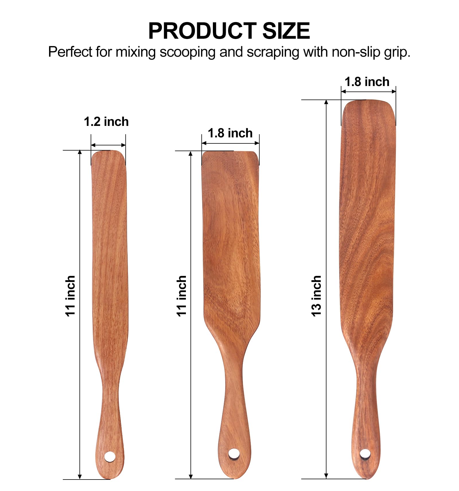 Juego de 3 espátulas de madera de teca para iniciador de masa madre, herramienta de cocina para hornear, espátula plana, espátula para agitar, utensilios de cocina, espátula de madera delgada, juego