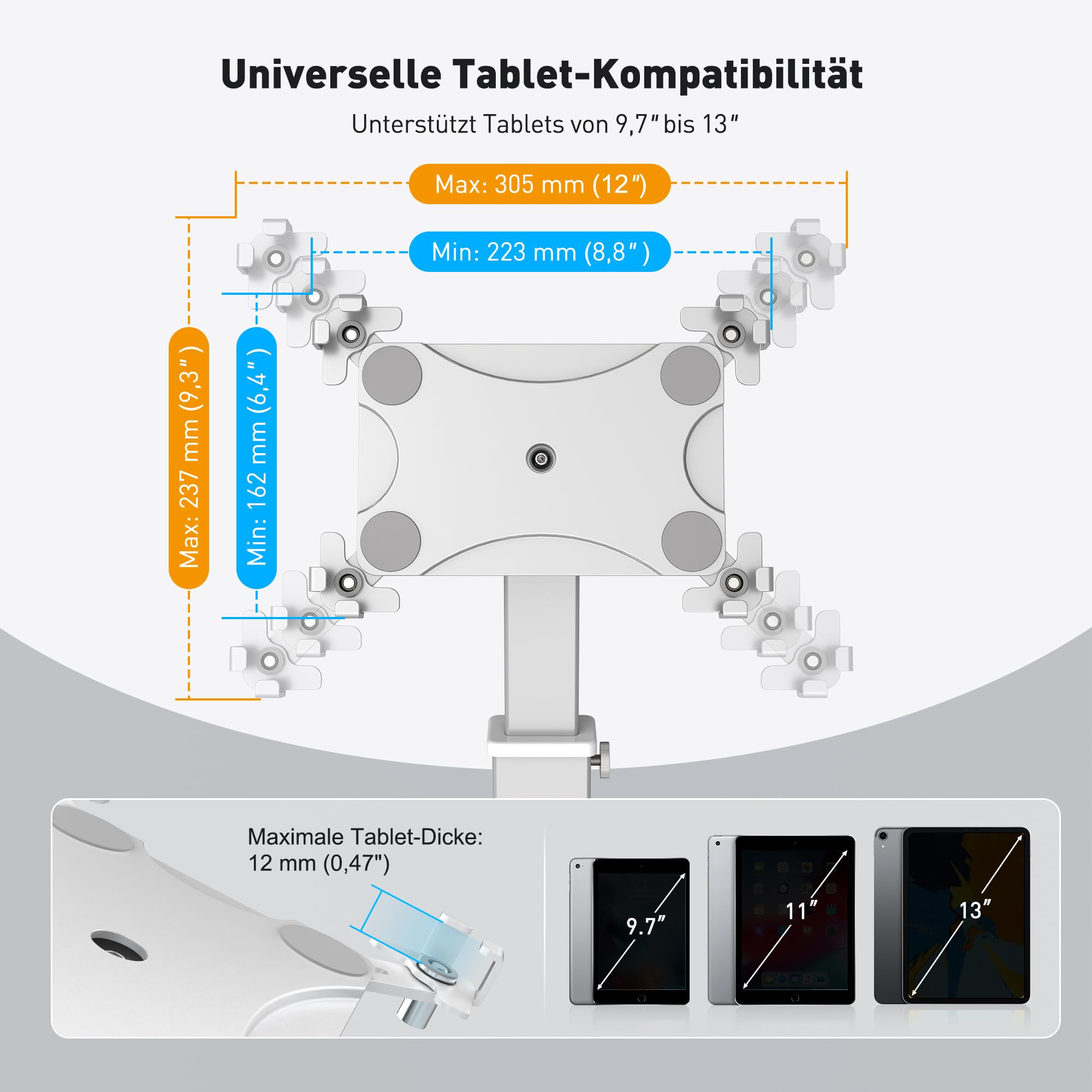 AboveTEK iPad Tischhalterung, Verstellbarer Tablet Ständer mit 360° Drehung & 180° Neigung, Passend für 9,7"-13" Tablets, Anti-Diebstahl iPad Halter aus Aluminium, Ideal für Büro & Geschäft-Silber