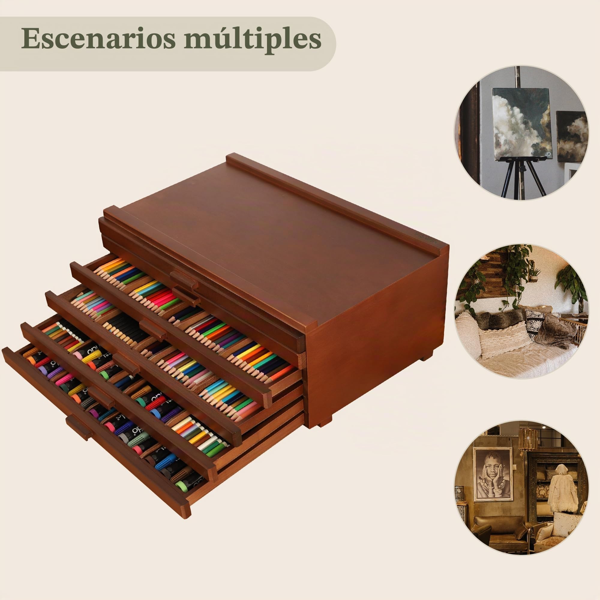 VISWIN Caja de Madera de 6 Cajones con Separadores Extraíbles, Caja de Madera de Haya de Primera Calidad, Caja Organizadora Portátil para Pinturas, Bolígrafos, Pinceles y Materiales de Arte