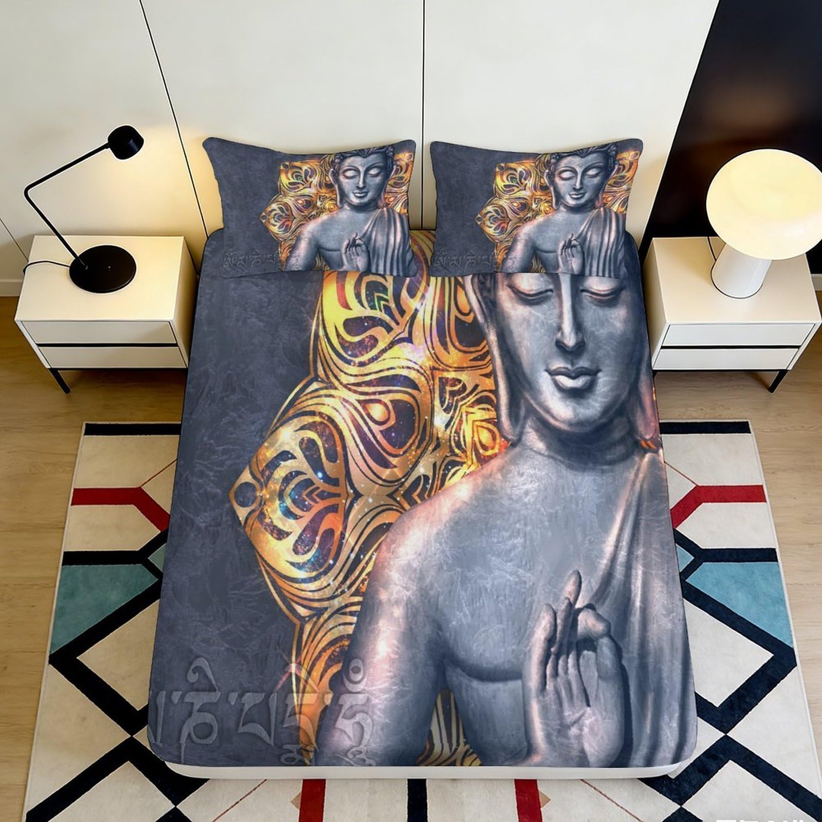 3D Printed Buddha Art Fitted Sheet Microfiber Soft Anti-Slip Mandala Mattress Cover for Bedroom Guest Room Decor 140x200x25cm