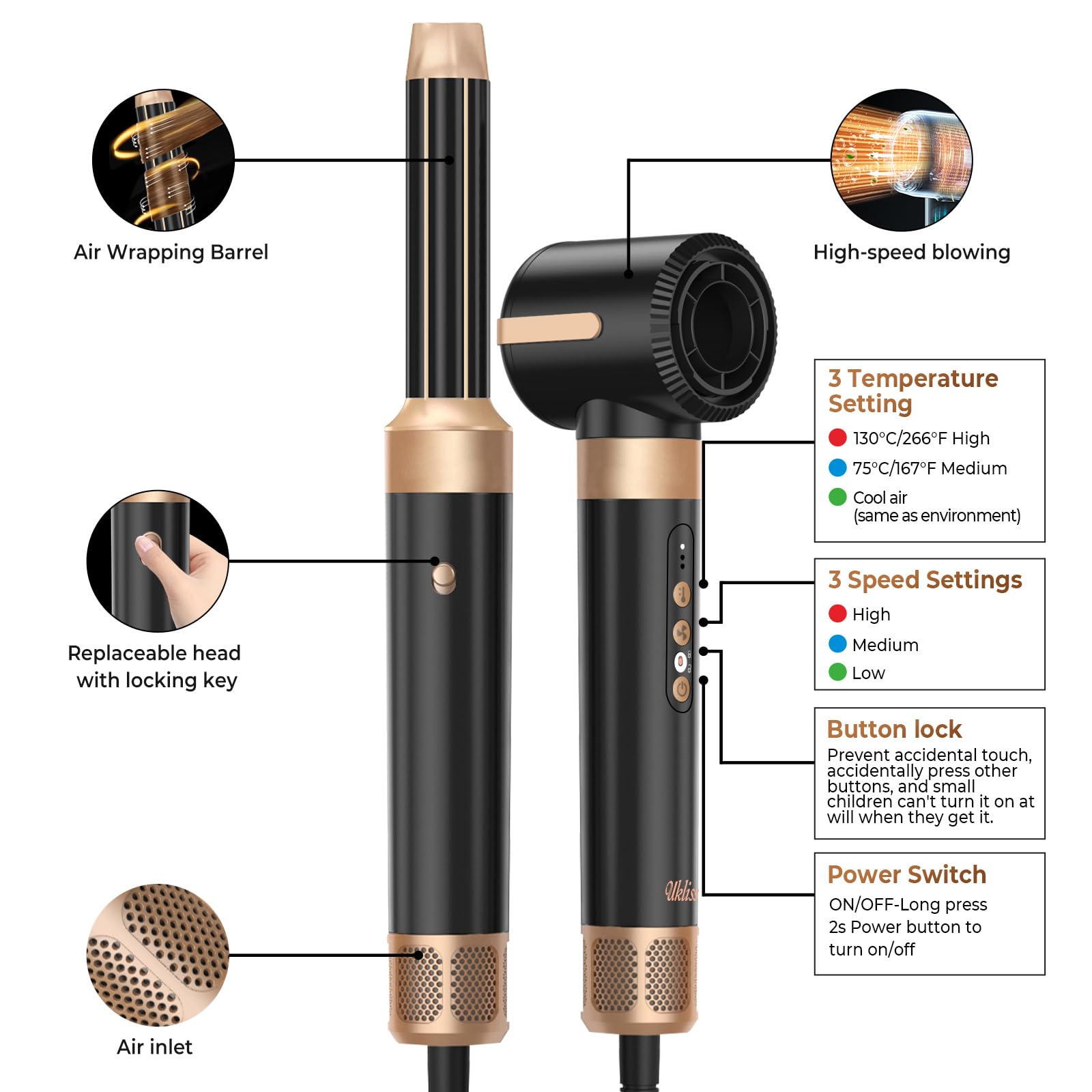 UKLISS Airstyler Multistyler 7 in 1, 1400 W, spazzola ad aria calda, asciugacapelli con 3 temperature, ferro arricciacapelli da 30 mm con aria, asciugacapelli con diffusore, spazzole per lo styling