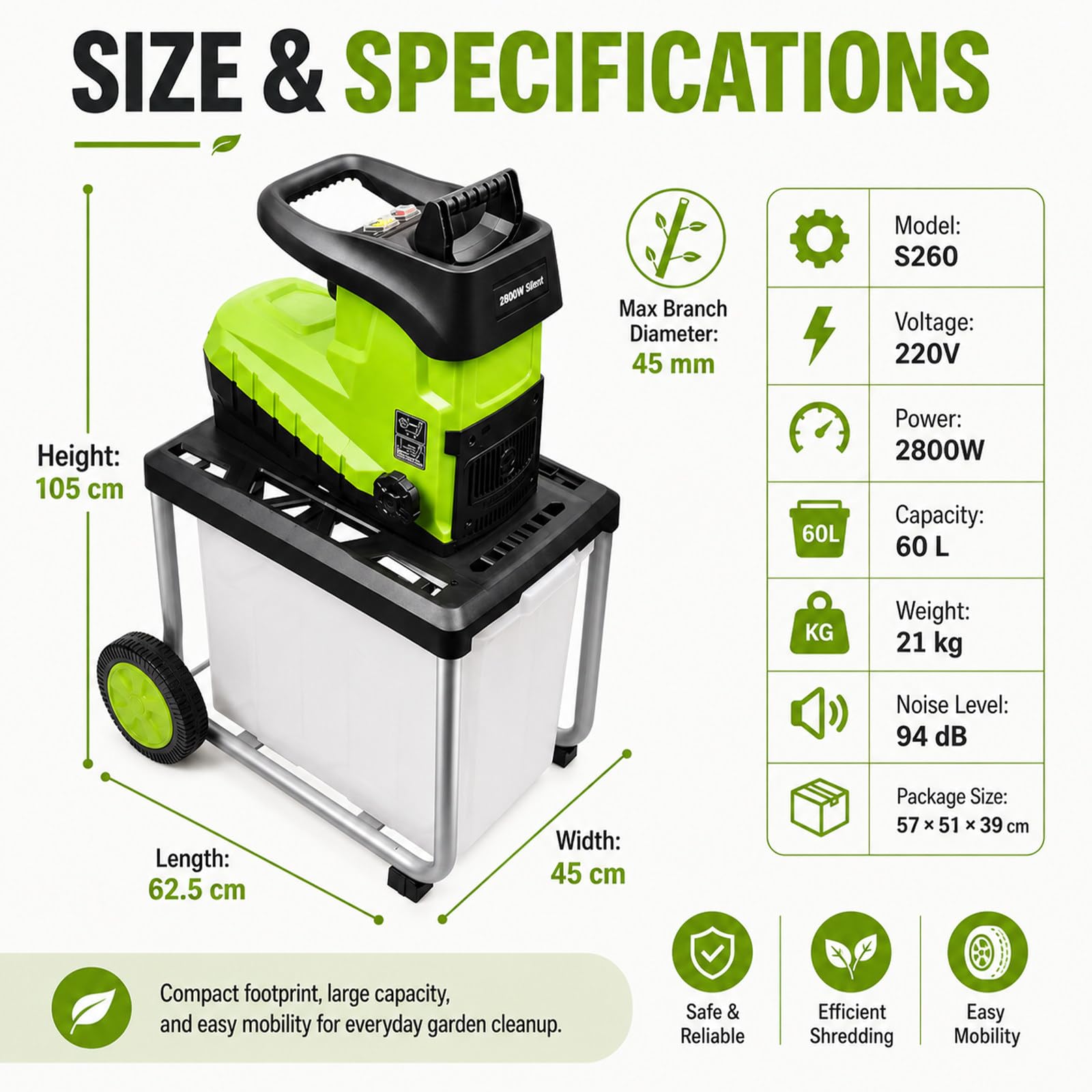Broyeur De Branches Électrique 2800w pour Branches Jusqu'À 45mm