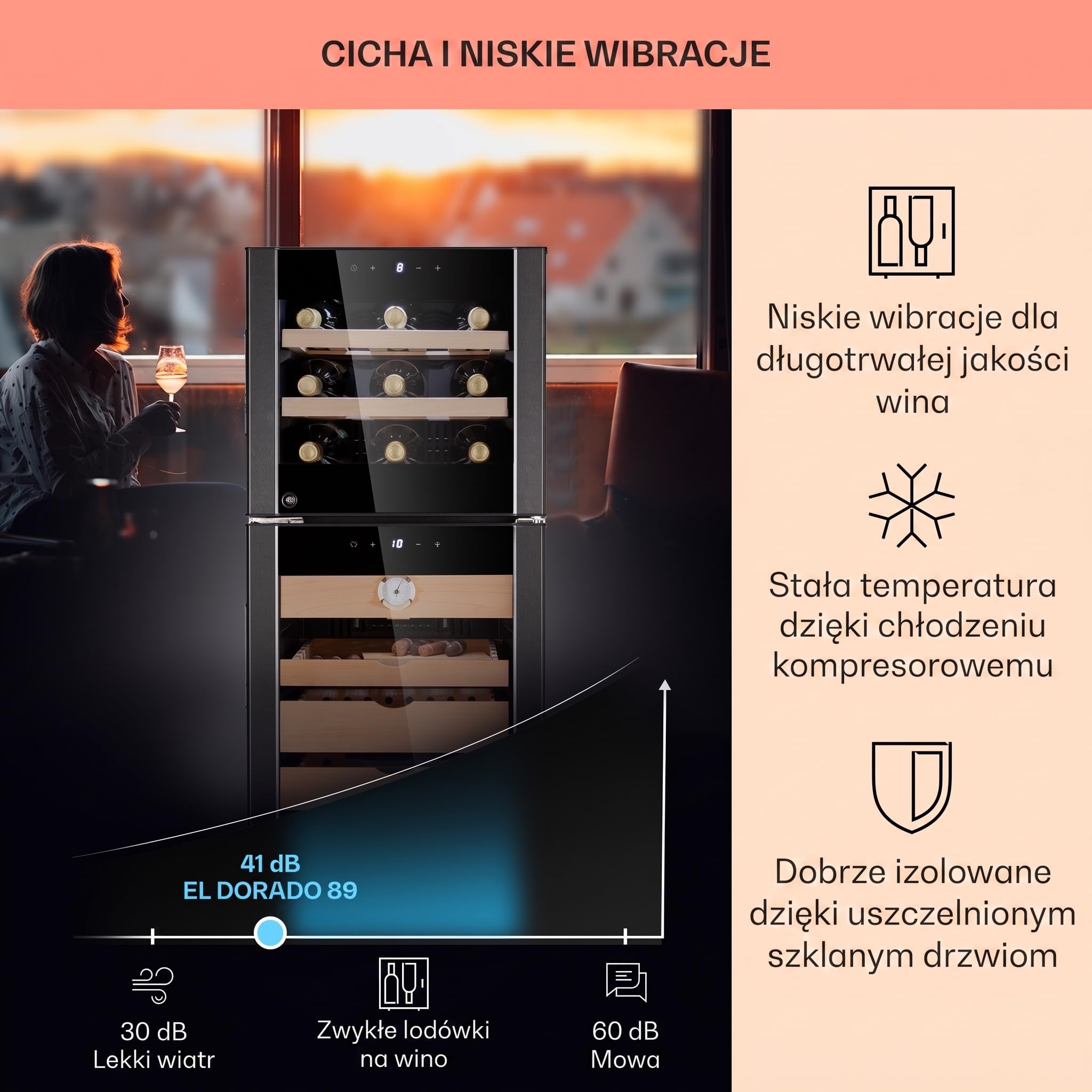 Klarstein Humidor i chłodziarka do wina, Szafka na wino i cygara, Lodówka na napoje i humidor na cygara, Wine Fridge z wyświetlaczem LED, Kontrola temperatury, Higrometr, 89L