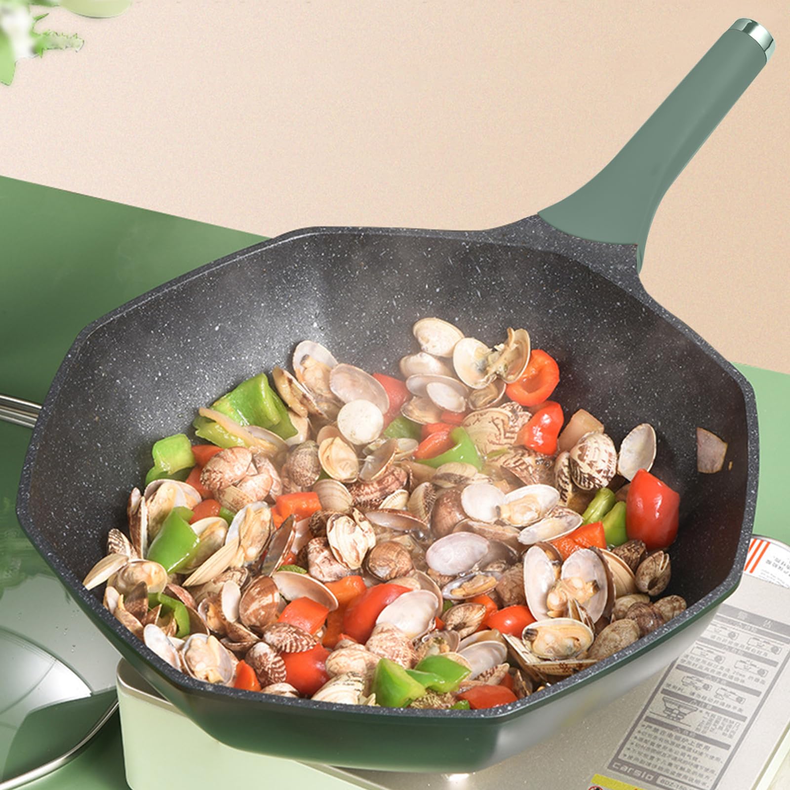 Wok octogonal con revestimiento de piedra Maifan, sartén antiadherente de aluminio fundido con tapa transparente y mango ergonómico, apto para todas las estufas, 4-6 porciones