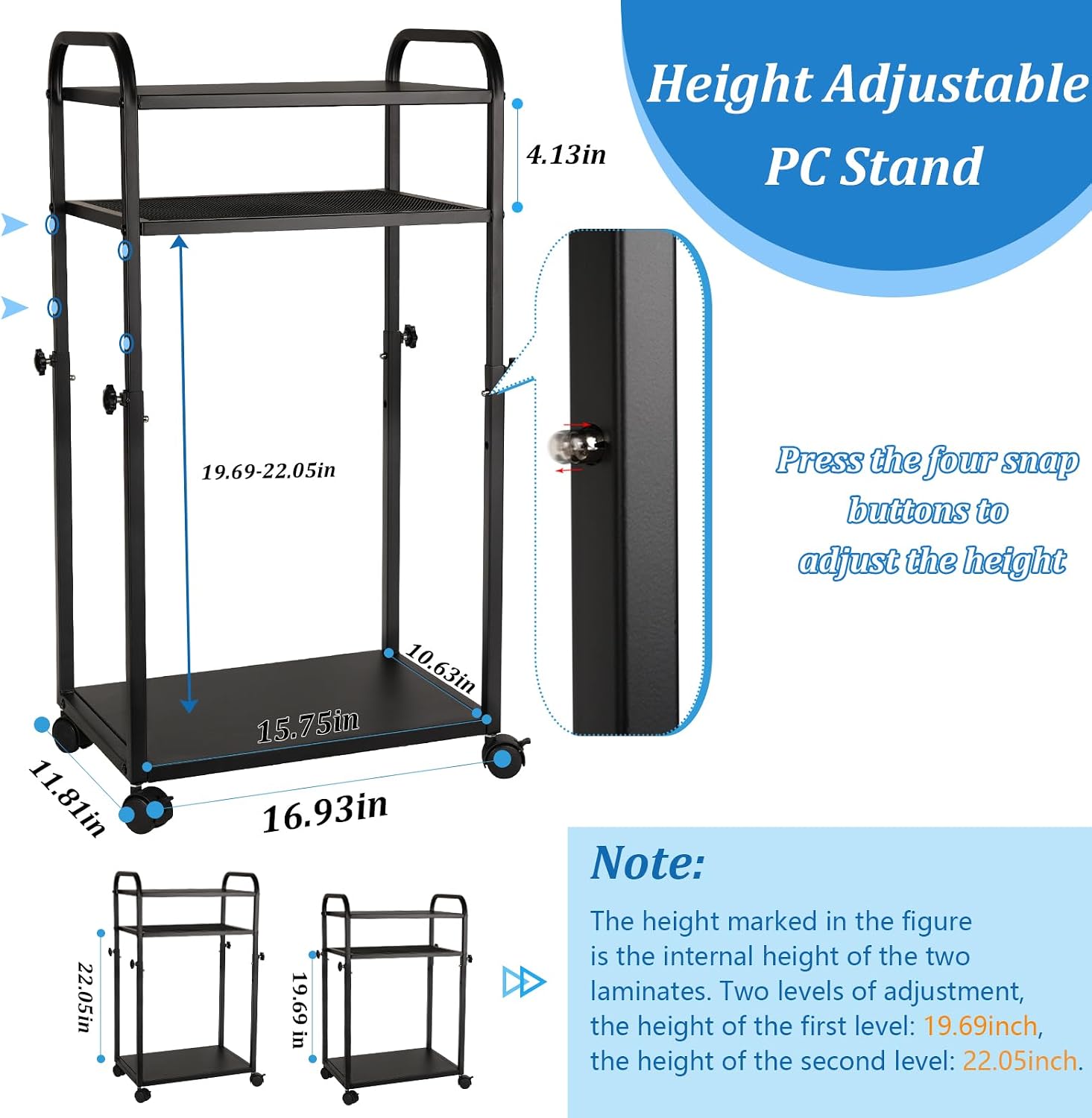 Bfttlity Height Adjustable Computer Tower Stand, PC Stand 3-Tier Mobile CPU Holder Cart Under Desk with Locking Caster Wheels for Office Home Gaming Accessories