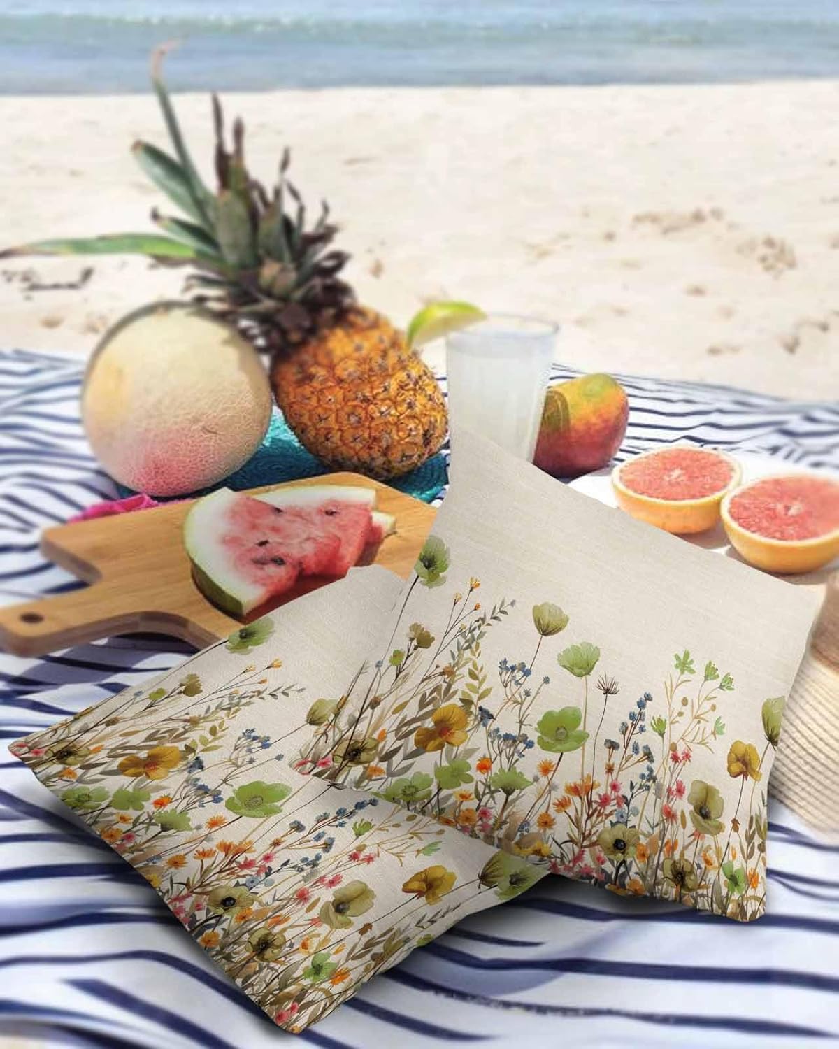 Sage Green Yellow Spring Floral Outdoor Waterproof Pillow Covers, Watercolor Botanical Summer Flowers Decorative Square Throw Pillowcase Sofa Cushion Sham for Patio/Couch/Chair, 26"x26" 2 Pack