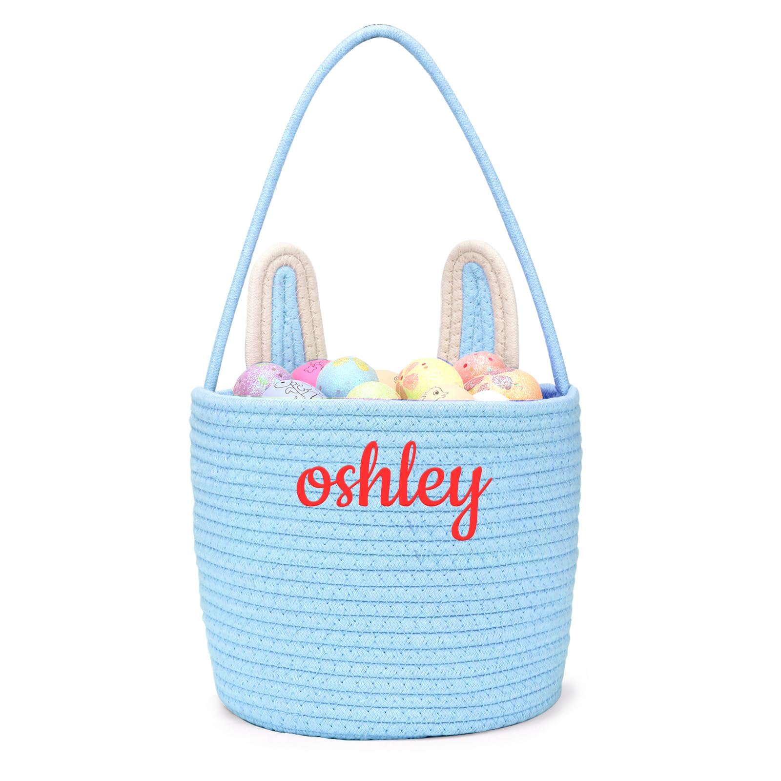 Personalised Easter Egg Hunt Basket Customised Easter Baskets for Kids Girls Boys Custom Easter Gift Bags Large with Embroidered Name Customisable Handmade Cotton Easter Party Bags (Blue)