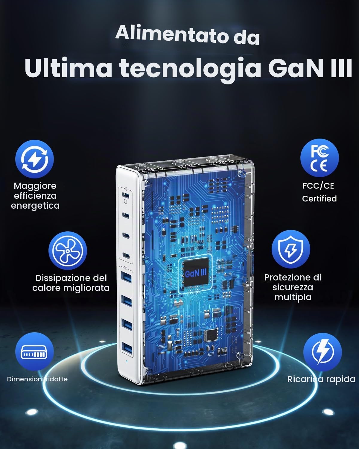 200W GaN III Caricatore Multiplo USB C - 8-Porte Stazione Ricarica Rapido QC4.0+PD 65W per Laptop, Caricabatterie Compatto per MacBook PRO/Air, iPhone, Samsung (Bianco)