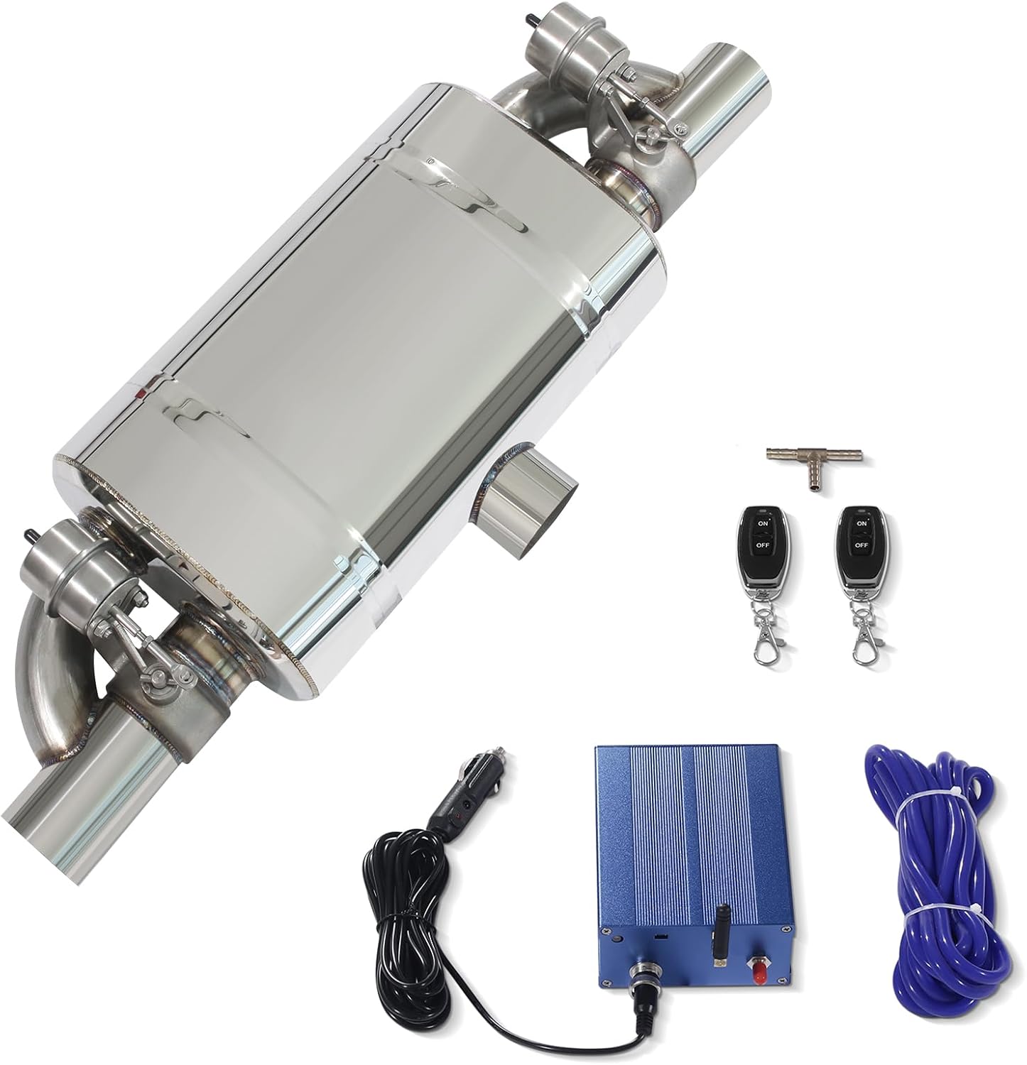 Exhaust Muffler with Valve Controller Kit, Performance Muffler Normally Closed Valve Vacuum Pump (center in dual out, 63 mm / 2.5 inch muffler kit)