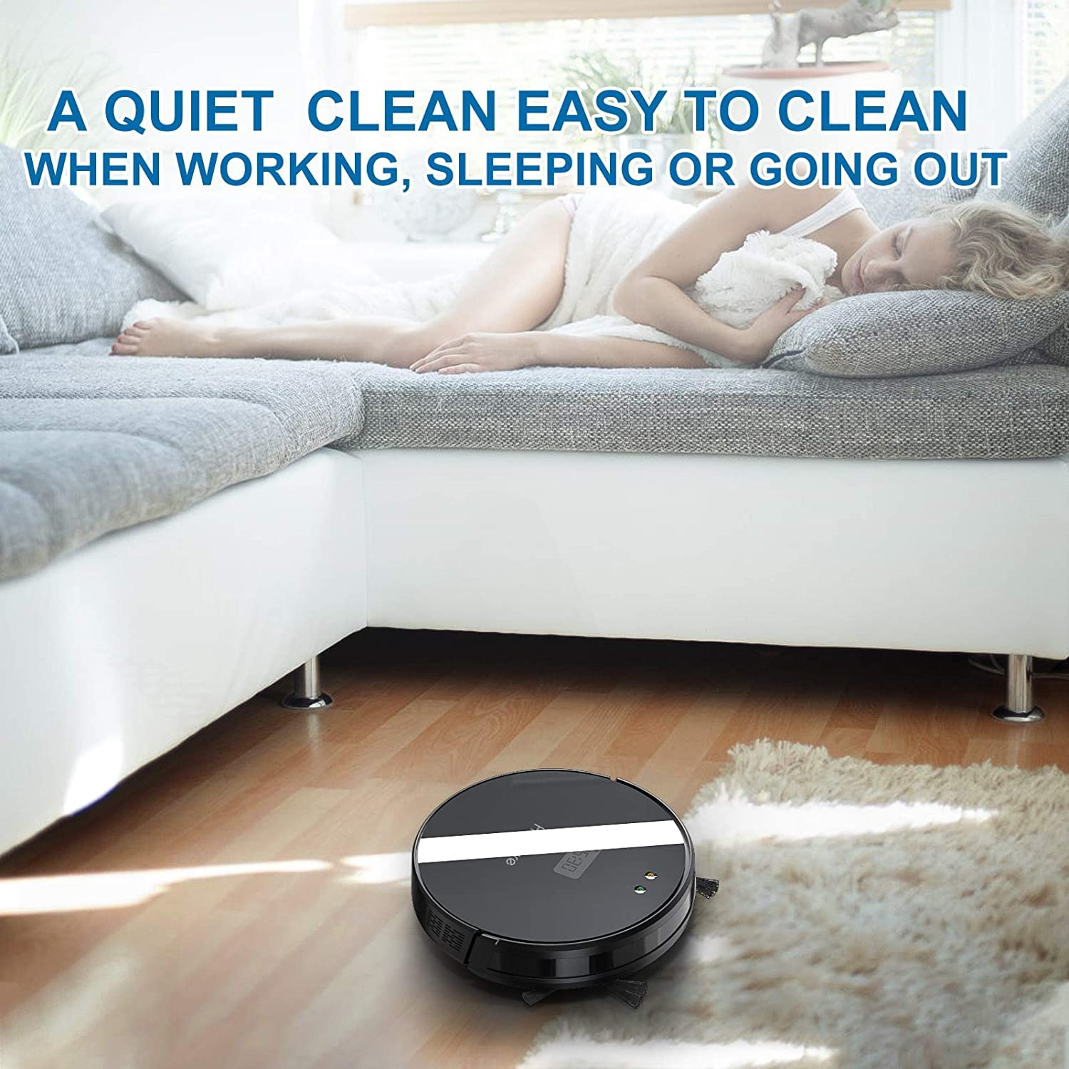 HONITURE Q5 robot vacuum cleaning a hard floor in a living room while a person rests on a sofa, illustrating quiet operation.