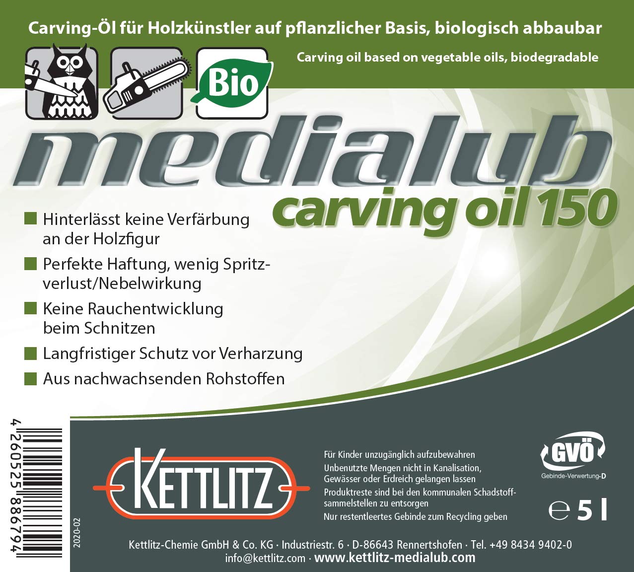 KETTLITZ-Medialub Carving Oil 150 - Bio Kettenöl für Holzschnitzer - Kanister 5 Liter