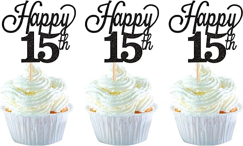 Paquete de 24 adornos para cupcakes con purpurina número 15, quince cumpleaños, decoración para cupcakes de cumpleaños 15, suministros de fiesta