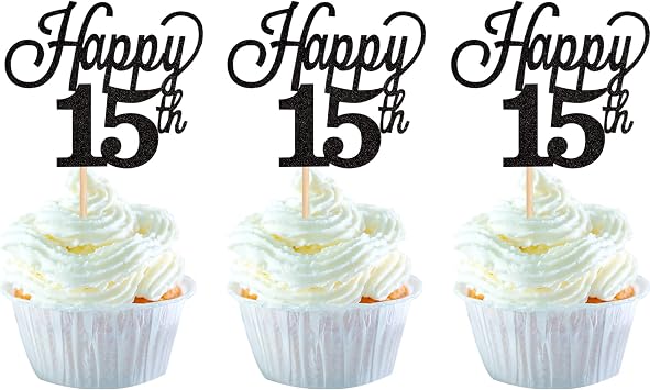24 Pack Happy 15th Cupcake Toppers Glitter Number 15 Fifteen Birthday Cupcake Picks Decorations for 15th Birthday Wedding Anniversary Party Supplies Black