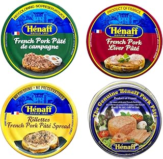 Hénaff French Pâté Assortment: 4 Premium Pork Pâtés - Liver, Country, Rillettes from Brittany Charcuterie