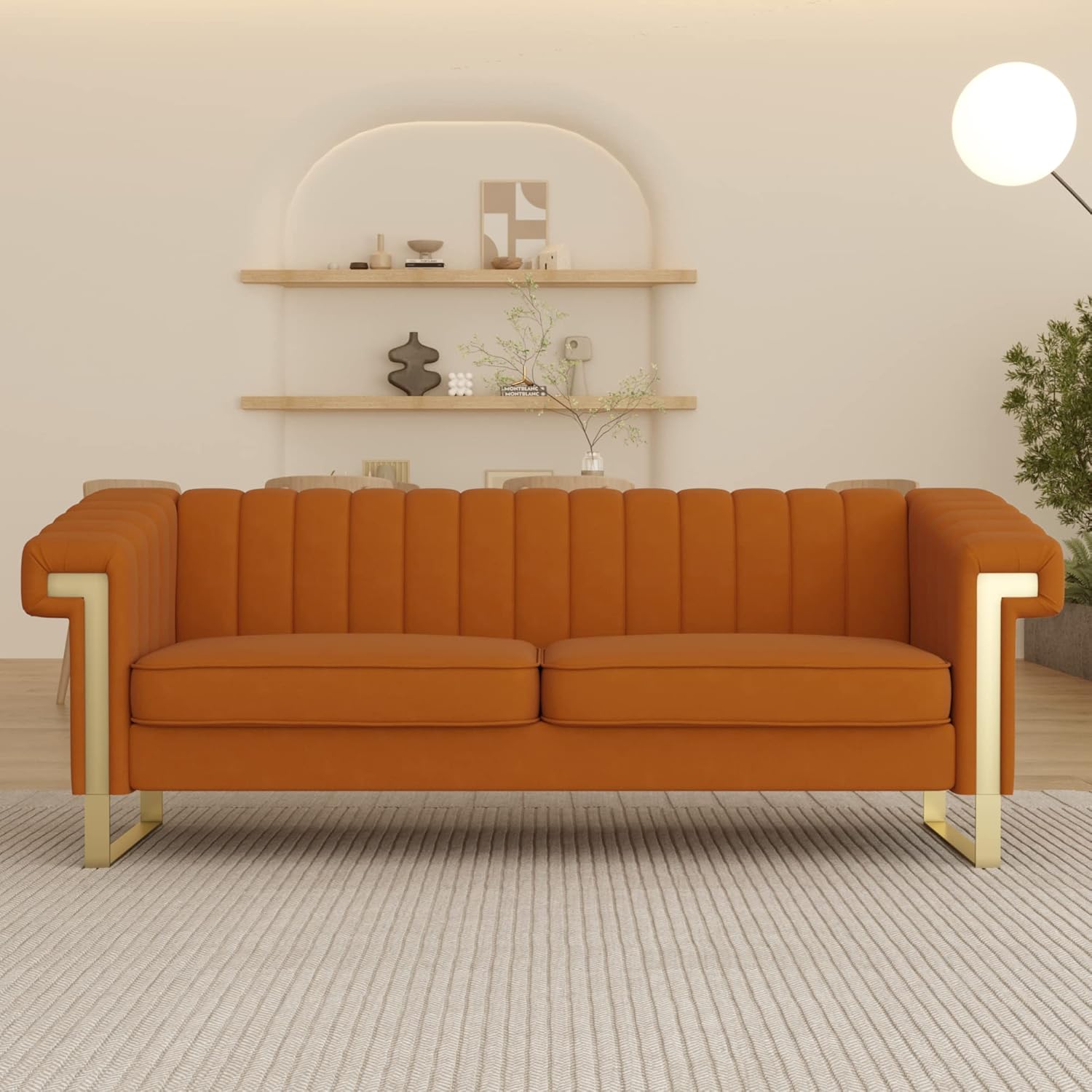 ANTTYBALE Orange Velvet Couch Sofa Loveseat, MidCentury