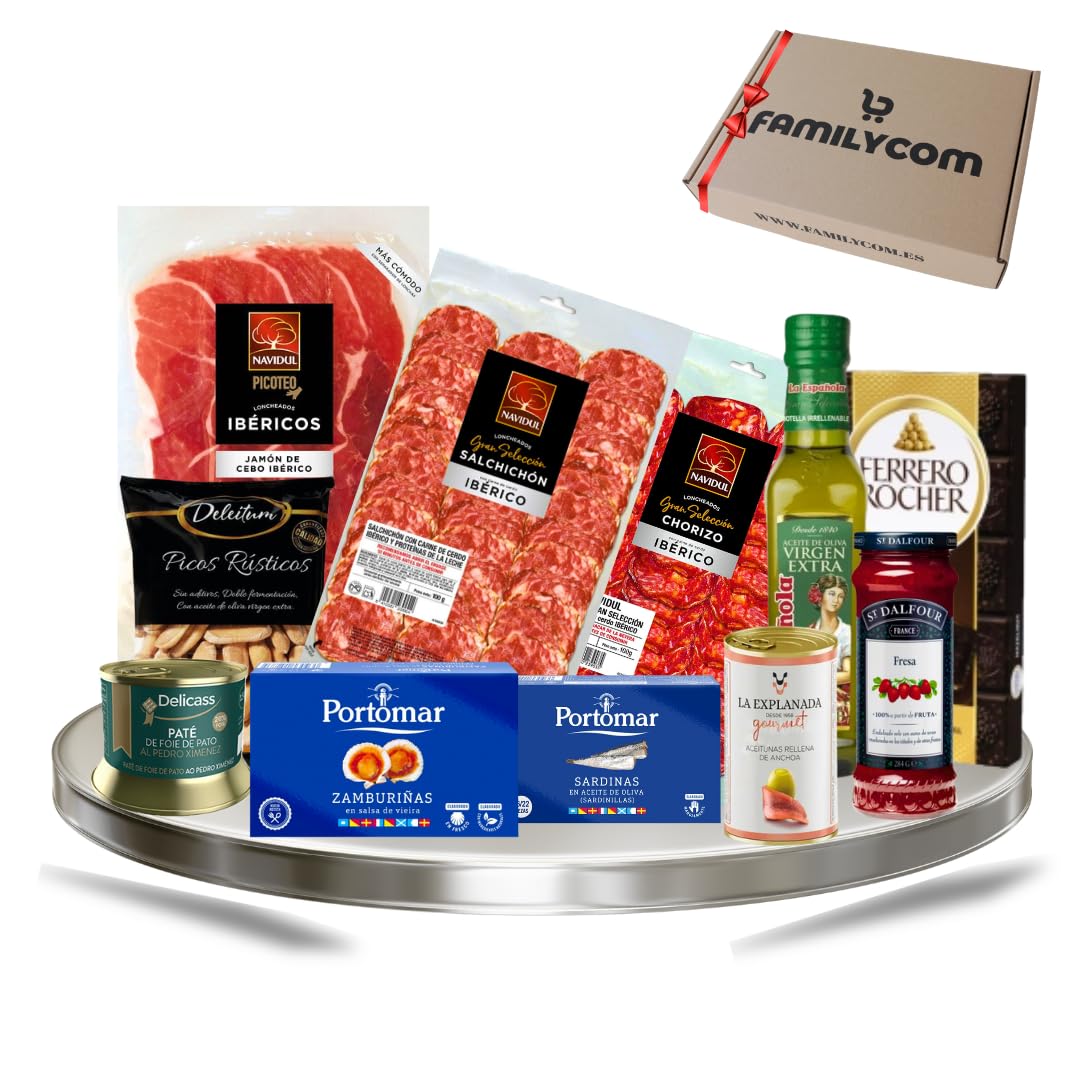 Cesta Gourmet para Regalar FAMILYCOM con Ibéricos, Aceite de Oliva, Chocolate, Jamón y Zamburiñas