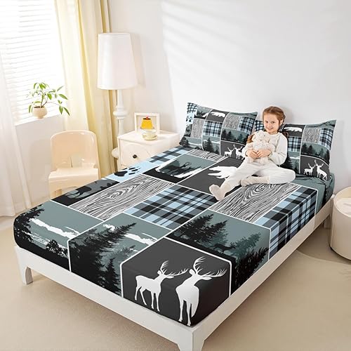 Miniatura 261 de Sábana bajera ajustable de oso de caza, juego de ropa de cama a cuadros de búfalo, sábanas de retazos de cabaña rústica para niños, niños, Multi