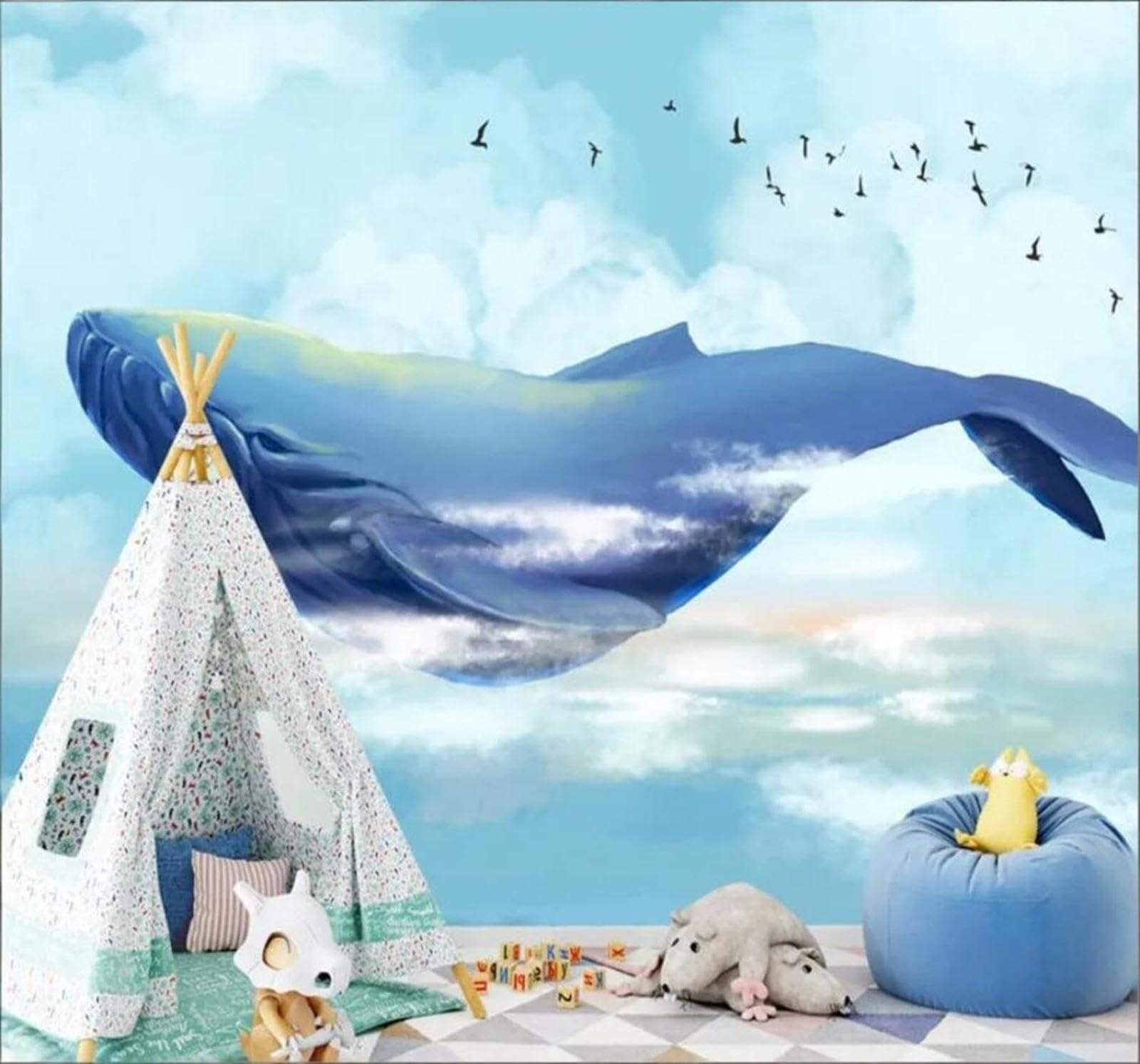 Tzxztt 350Cm×256Cm(B×H) Hand Drawn Cartoon Whale Ocean Sky Modern 3D Wallpaper Premium Textured Silk Neutral Tones Material Ideal For Living Room Bedroom-350Cm×256Cm