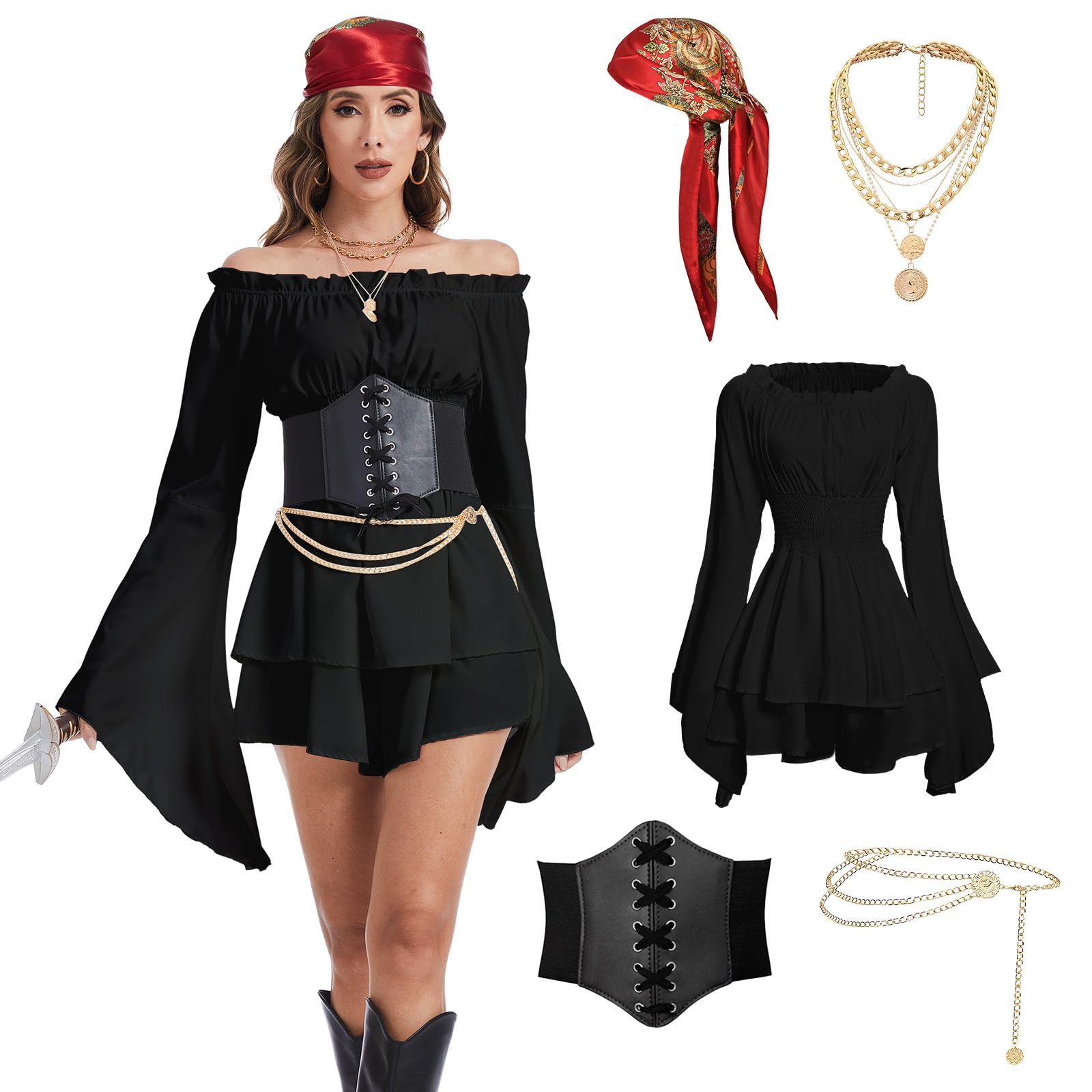 LPFNSF Medieval Pirate Costume for Women, Off-Shoulder White Dress with Corset Belt, Headscarf, Waist Chain, and Necklace for Halloween Carnival Cosplay (Black, M) โ image 1