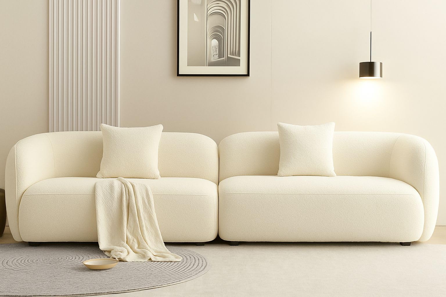 Mina 110" Modern Curved 4-Seater Sectional Sofa – Luxury Boucle Upholstered Sofa with Pillows (Ivory)-image-30