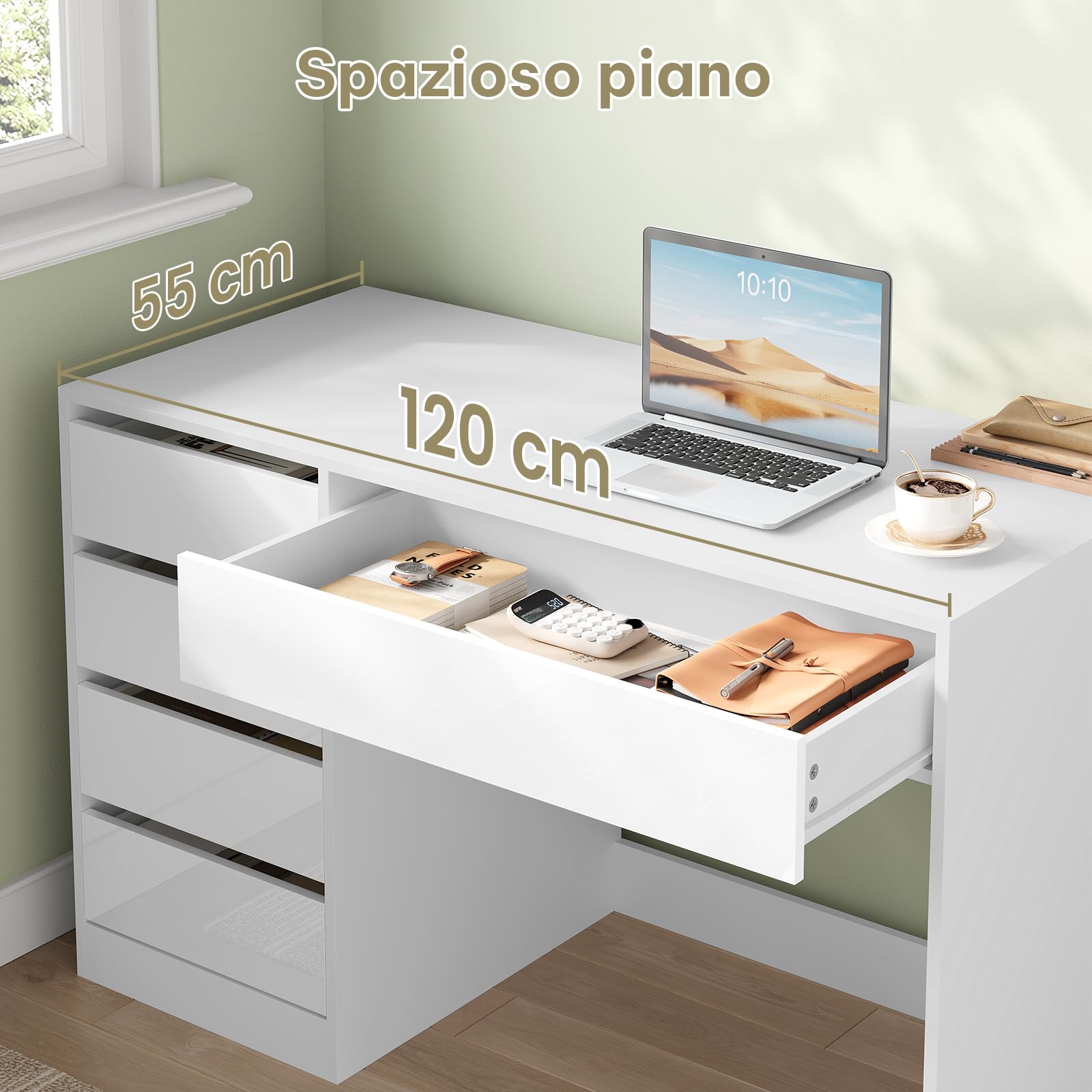eSituro Scrivania Trucco, 120x55 cm, Toeletta con 5 Cassetti senza Specchio, Scrivania da Ufficio per Computer, per Ufficio, Studio e Camera da Letto, Bianco Brillante