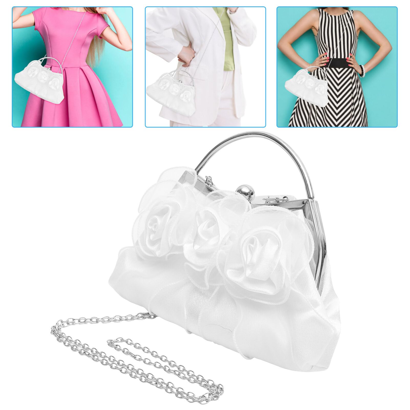 GALPADA Borsa da Sera con Motivo a Rosa in Satin e Metallo con Tracolla Rimovibile per Party Cocktail e Matrimoni Eleganti