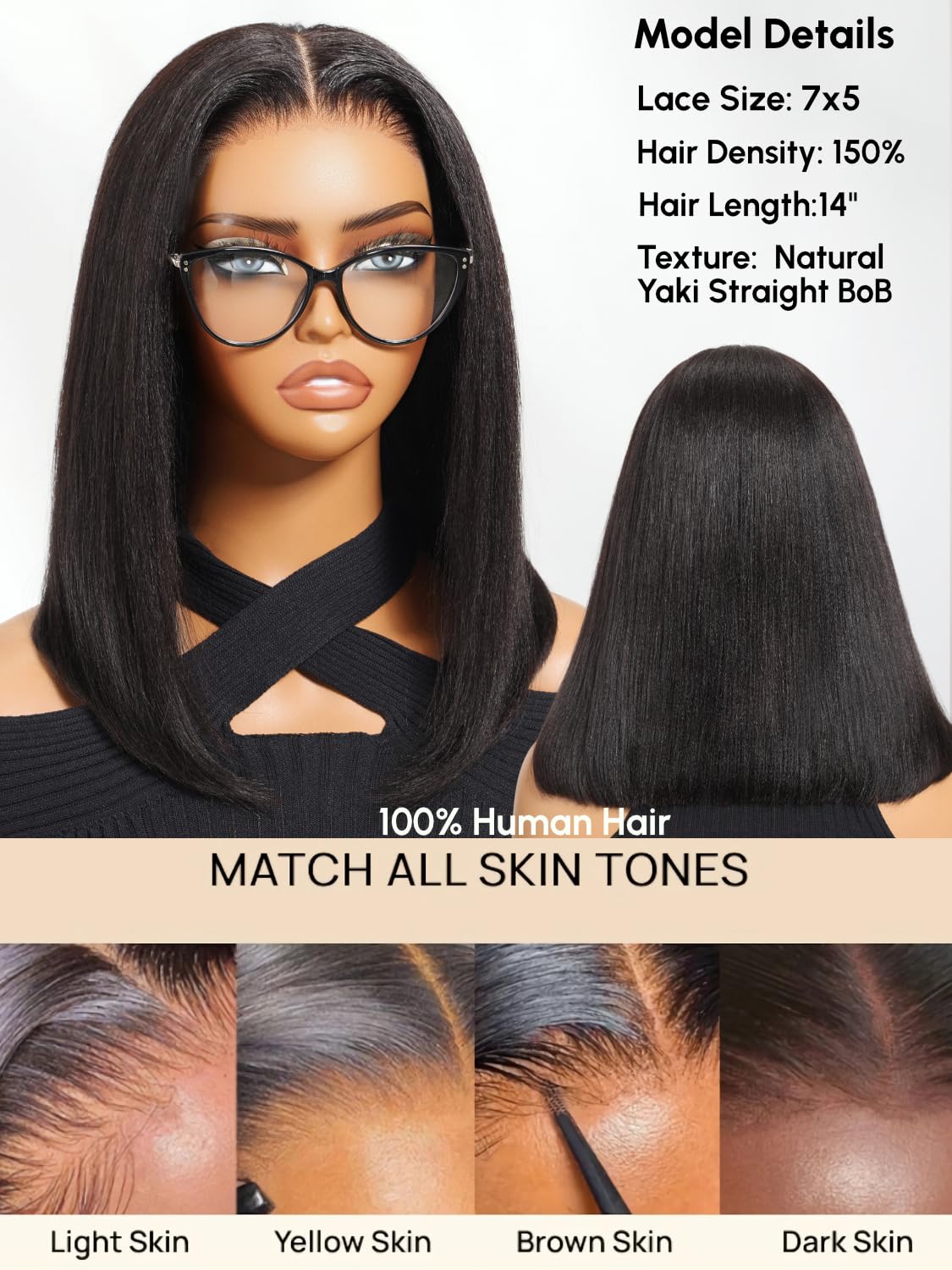 Glueless Bob Wig Human Hair Yaki Straight 12 Inch Short Blunt Cut Wear and Go Amazon.com : Nadula Yaki Straight Bob Drawstring Wig Human  main image 4