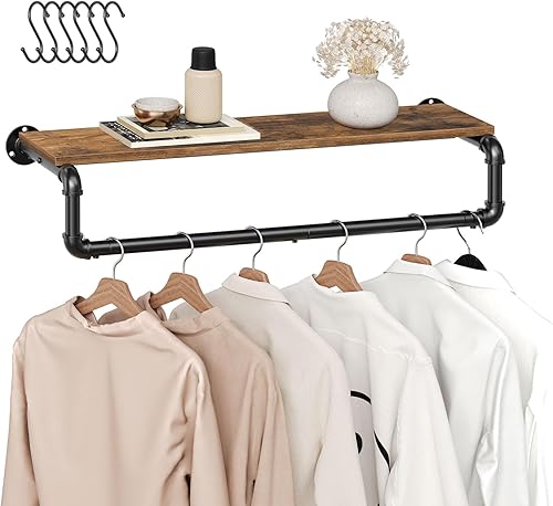Perchero para ropa de tubería, 31.5 pulgadas montado en la pared con estante superior, perchero industrial con barra para colgar, resistente