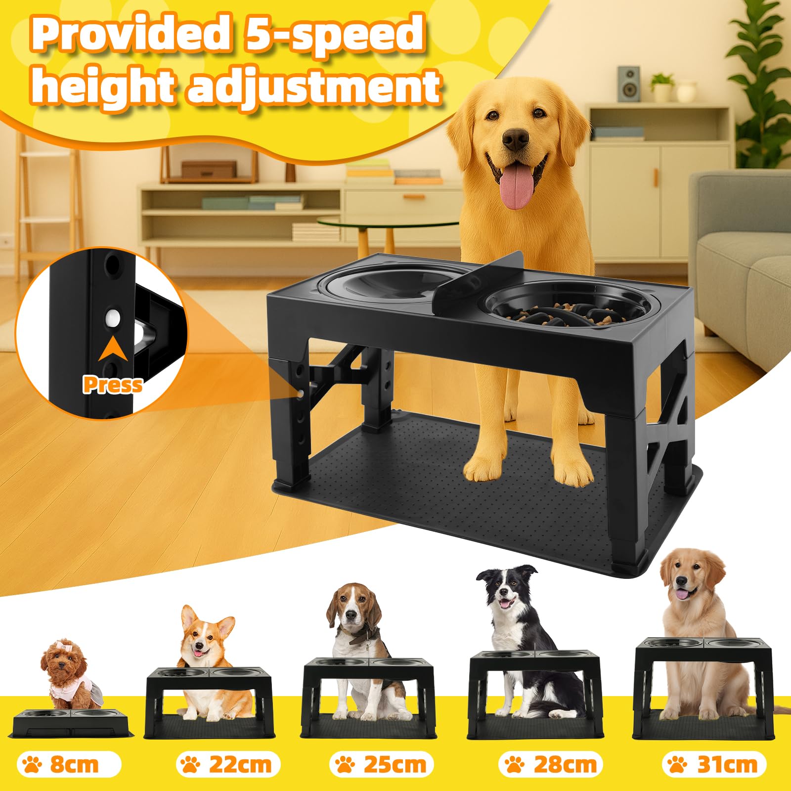 Ciotole per cani Rialzate Regolabili - Ciotola Acqua, Antingozzo, da Viaggio e Tappetino - Base antiscivolo per cani di taglia media/grande