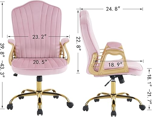 Miniatura 2 de Silla de oficina en casa de terciopelo con brazos y patas dorados, cómoda silla de escritorio giratoria tapizada y capitonada, cómoda con ruedas
