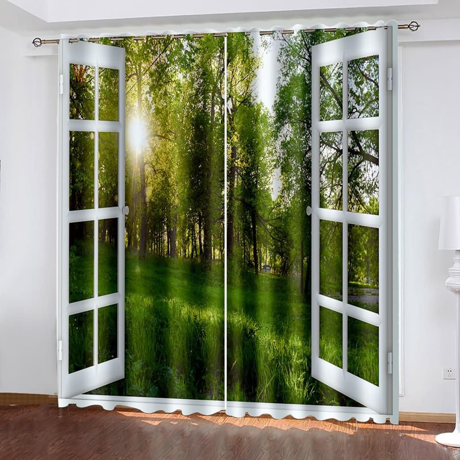 Wärmeisolierende Vorhänge 2er Pack,2 x 214W x 274H cm,Ösen Gardinen Küche Fenster und Waldlandschaft Vorhang für Küchen Modern Weiß Grün
