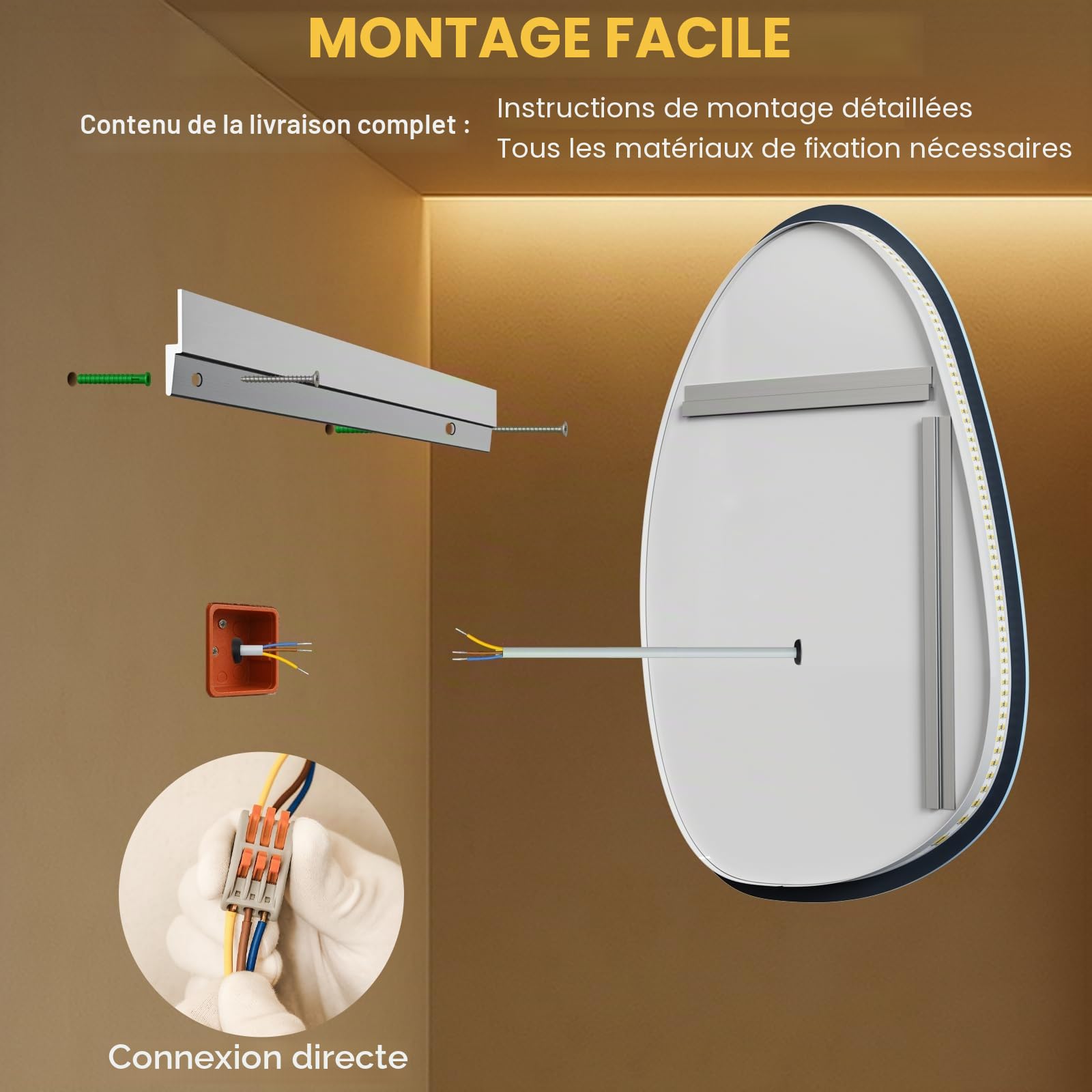 Miroir de salle de bain LED asymétrique avec éclairage 75 x 55 cm, anti-buée, 3 couleurs de lumière, réglable, avec éclairage, intensité variable, avec fonction mémoire, économie d'énergie