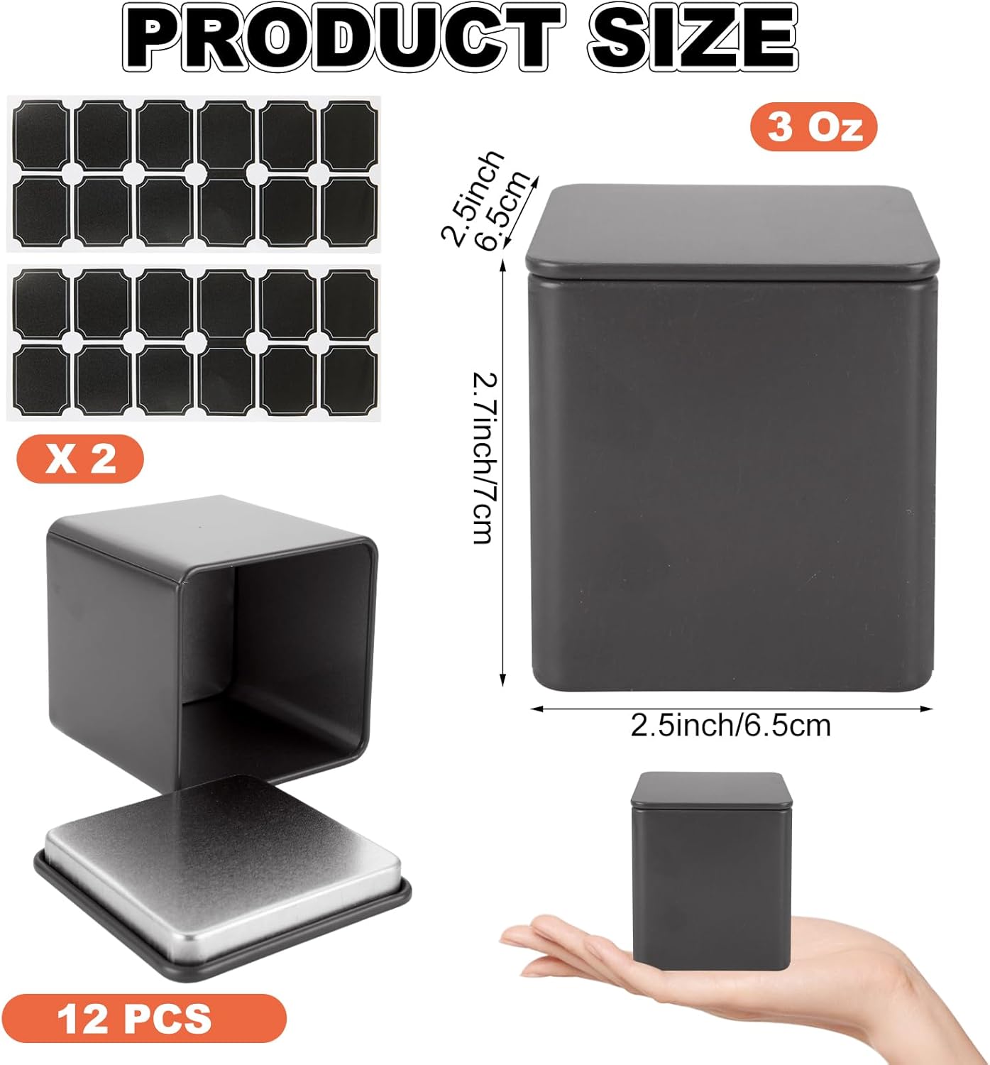 WOPPLXY 12 Pack Square Black Metal Tins, Small Tea Tin Canisters, 8 Oz Loose Leaf Tea Storage Containers with Airtight Lids, Square Tea Containers for Loose Teas, Herbs, Coffee, Cube Sugar